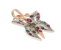 Handcrafted Italian Rose Gold Ruby Emerald and Sapphire Butterfly Pendant