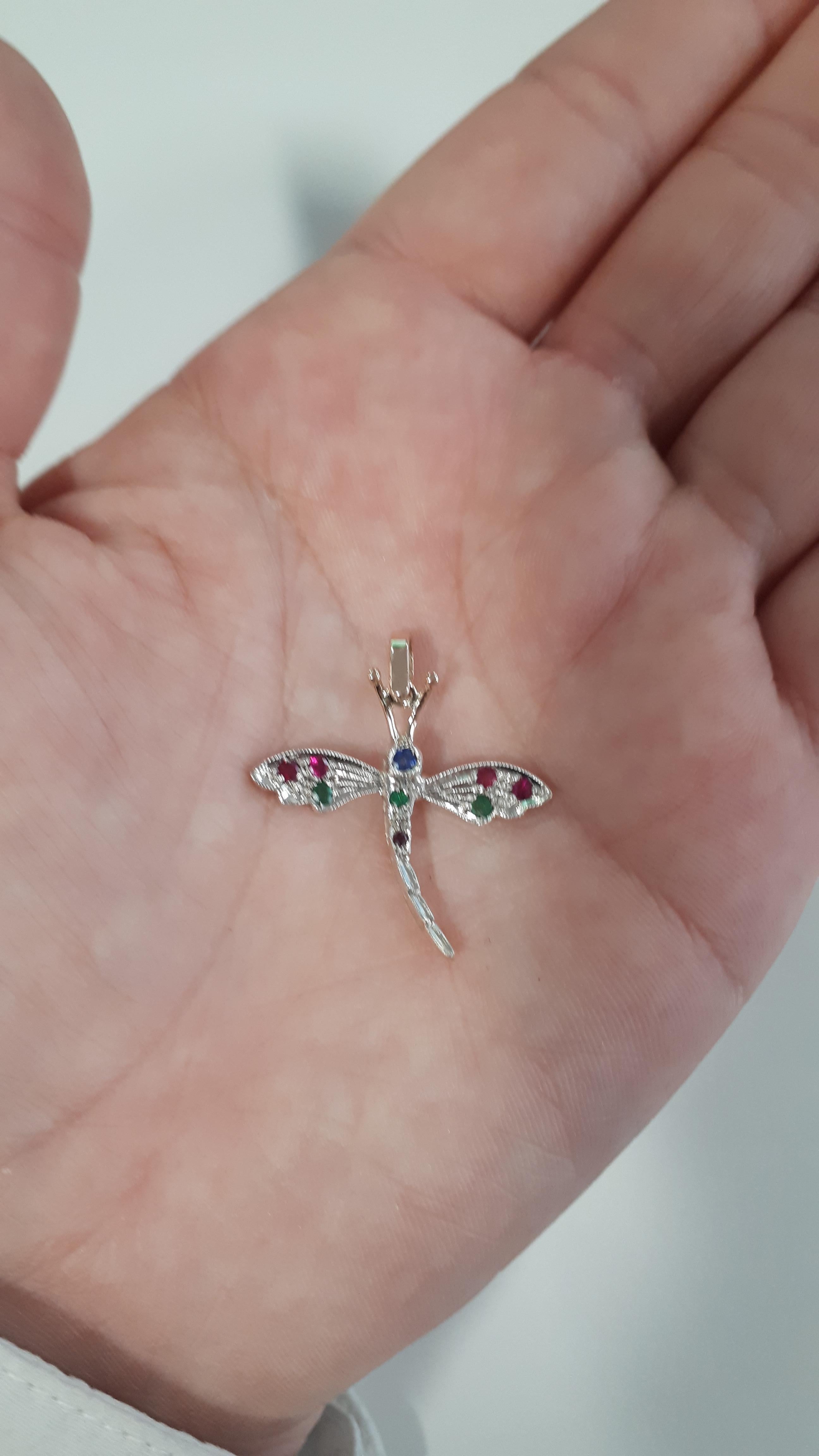 Women's Handcrafted Italian Rose Gold Ruby Emerald and Sapphire Dragonfly Pendant For Sale