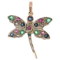 Handcrafted Italian Rose Gold Ruby Emerald and Sapphire Dragonfly Pendant Handcrafted Italian Rose Gold Ruby Emerald and Sapphire Dragonfly Pendant