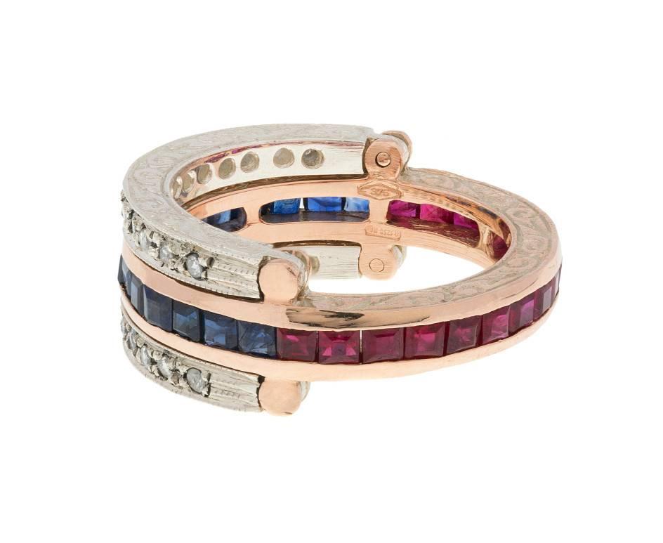 GEMMOLOGIST'S NOTES
This beautifully crafted ladies ruby, sapphire and diamond eternity ring, handcrafted by third generation Italian goldsmiths in Naples, Italy. 

A gorgeous ring, that has been inspired by vintage influences. Designed with a