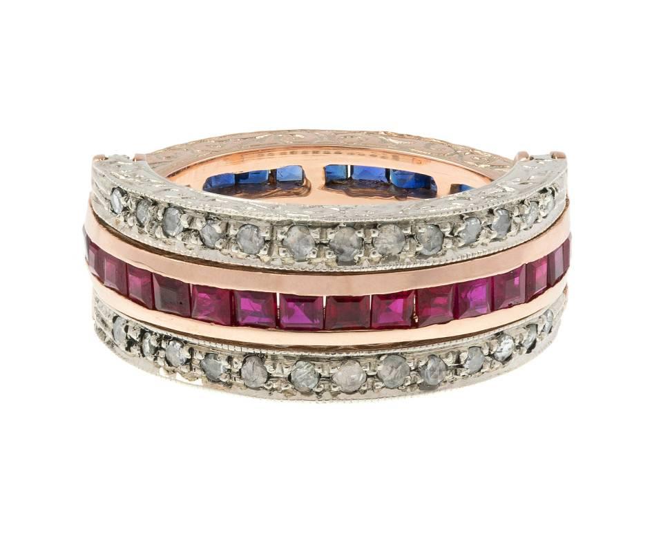 Women's or Men's Handcrafted Italian Rose Gold Ruby Sapphire and Diamond Hinged Eternity Ring For Sale