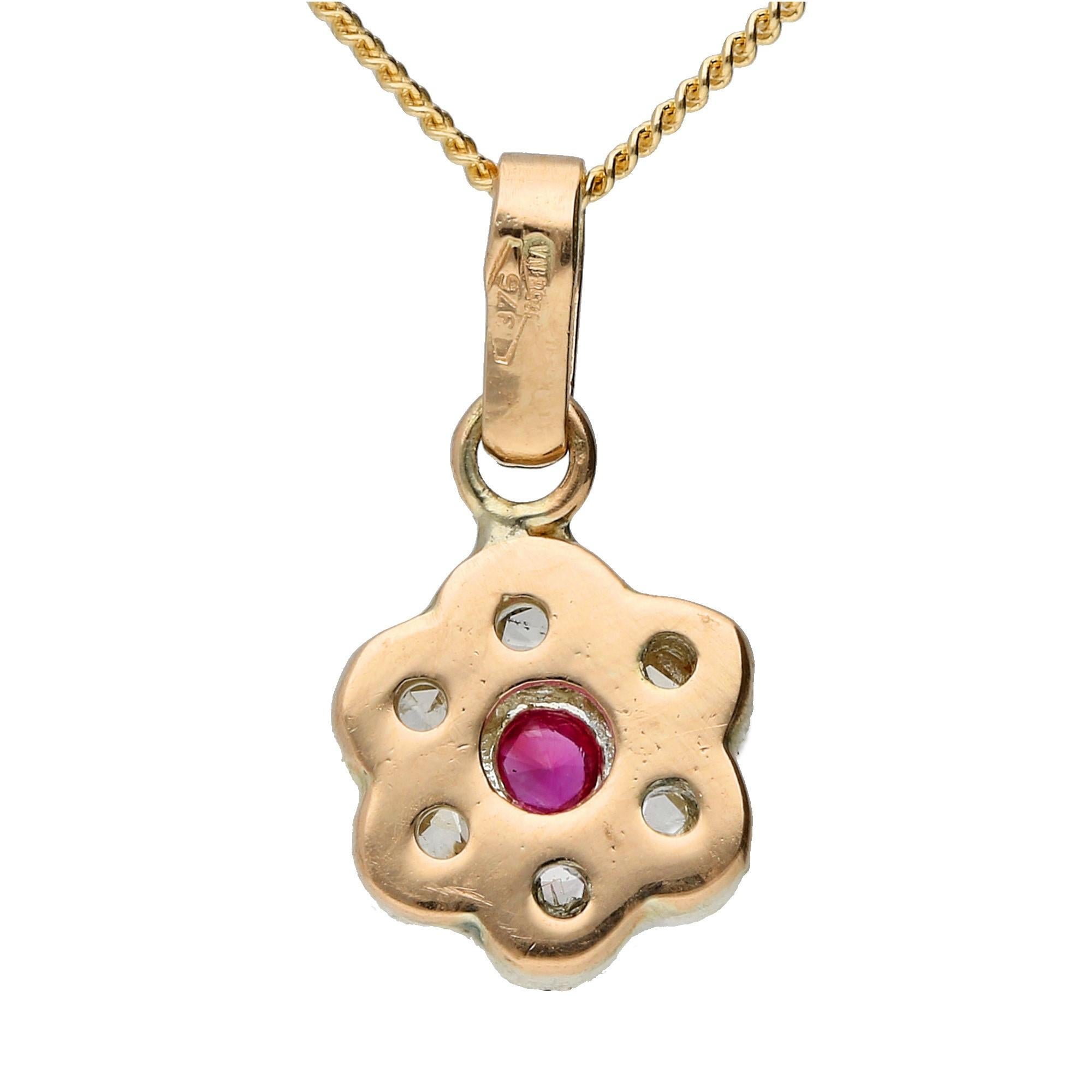 DESCRIPTION
This beautifully crafted ladies ruby and diamond daisy pendant, handcrafted by third generation Italian goldsmiths in Naples, Italy.

A petite and pretty pendant, that features both vibrant colour and delicious sparkle. The perfect gift