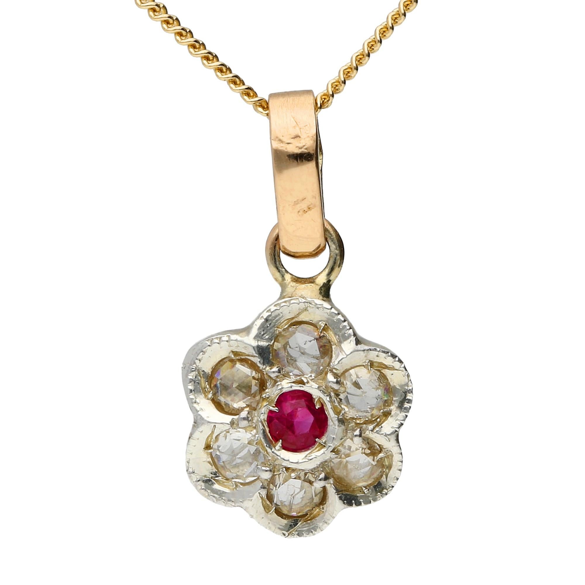 Handcrafted Italian Ruby and Diamond Floral Cluster Pendant For Sale