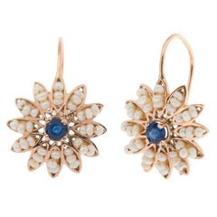 Handcrafted Italian Sapphire and Seed Pearl Flower Cluster Drop Earrings