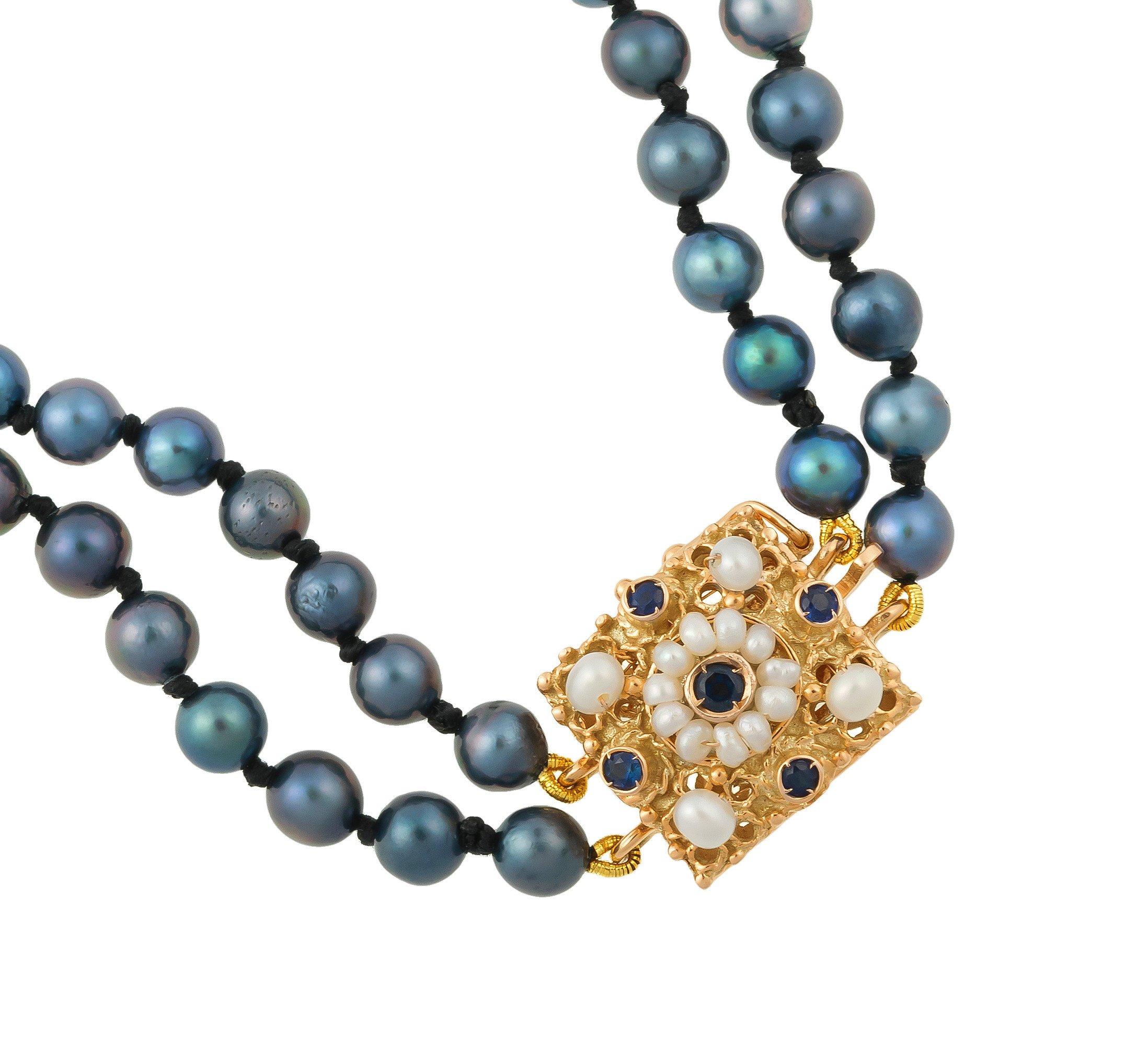 Art Deco Handcrafted Italian Sapphire & Seed Pearl Clasp Two-Strand Akoya Pearl Necklace For Sale