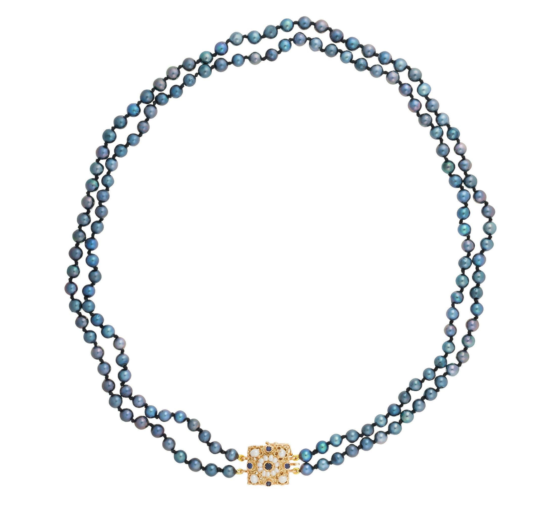 Round Cut Handcrafted Italian Sapphire & Seed Pearl Clasp Two-Strand Akoya Pearl Necklace For Sale