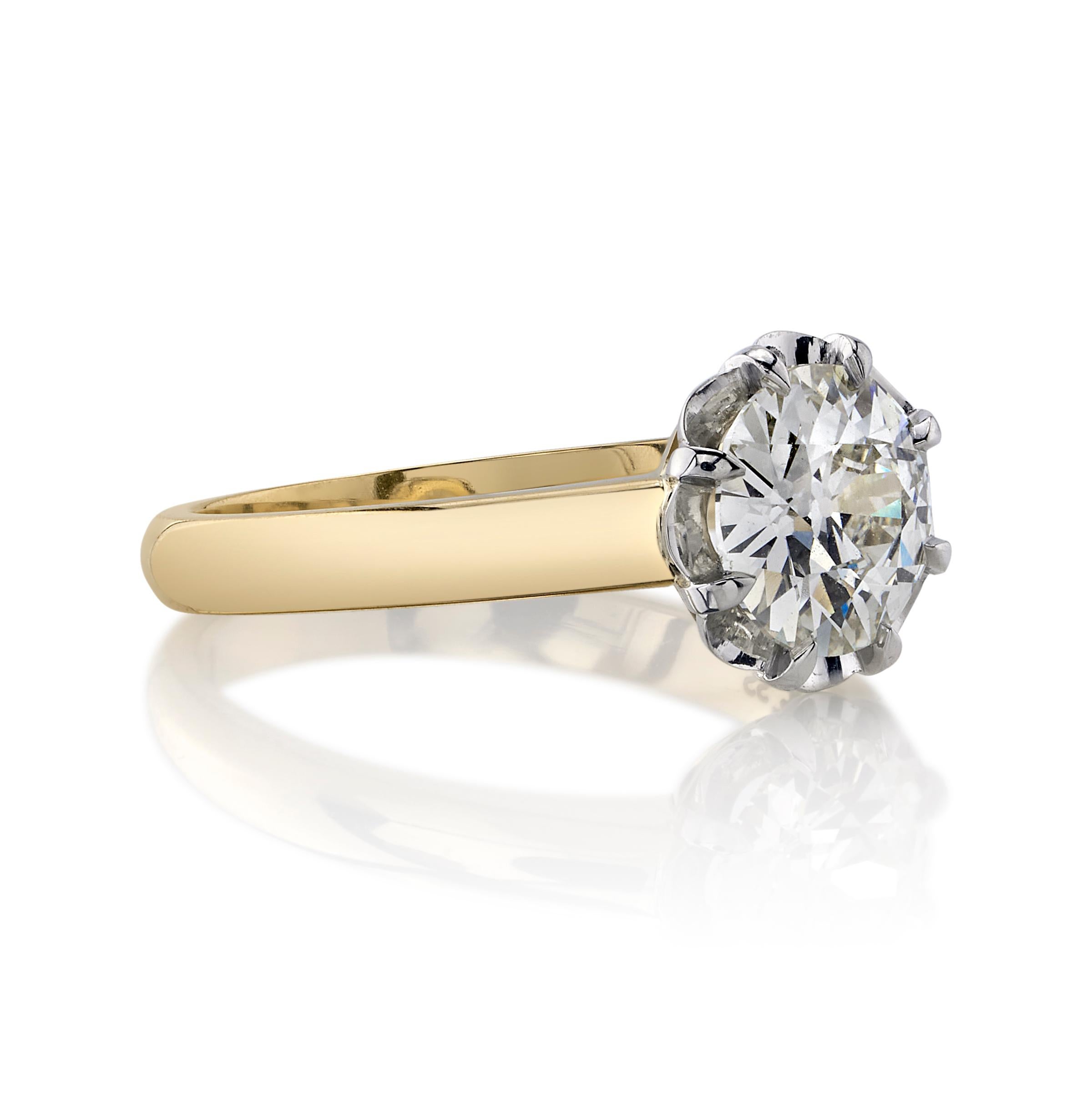 1.82ct M/SI2 GIA certified old European cut diamond set in a handcrafted 18K yellow gold and platinum mounting. 

Ring is currently a size 6 and can be sized to fit. 

Our jewelry is made locally in Los Angeles and most pieces are made to order. For