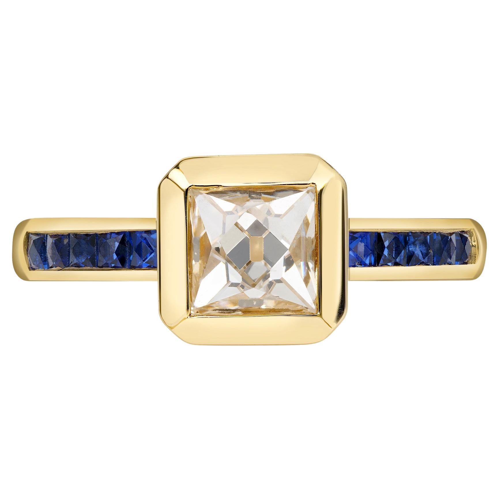 Handcrafted Karina French Cut Diamond and Sapphire Ring by Single Stone For Sale