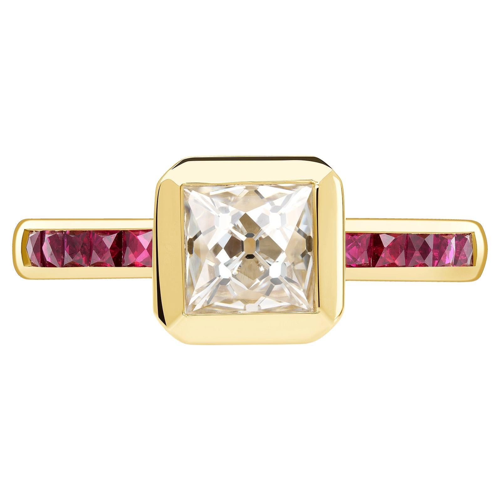 Handcrafted Karina French Cut Diamond and Ruby Ring by Single Stone For Sale