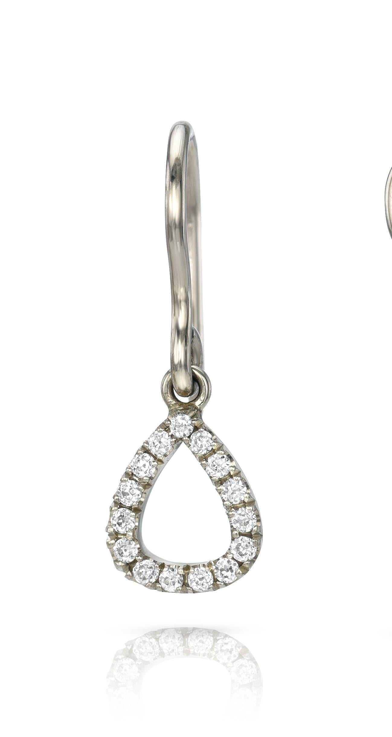 Handcrafted 18K champagne white gold drop earrings with 0.16ctw old European cut accent diamonds.