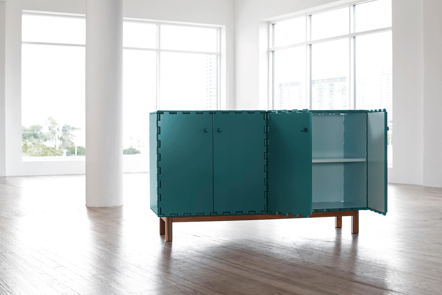 Contemporary Handcrafted Lacquered Interlocking Wood Panels Sideboard 4 Pieces Cabinet For Sale