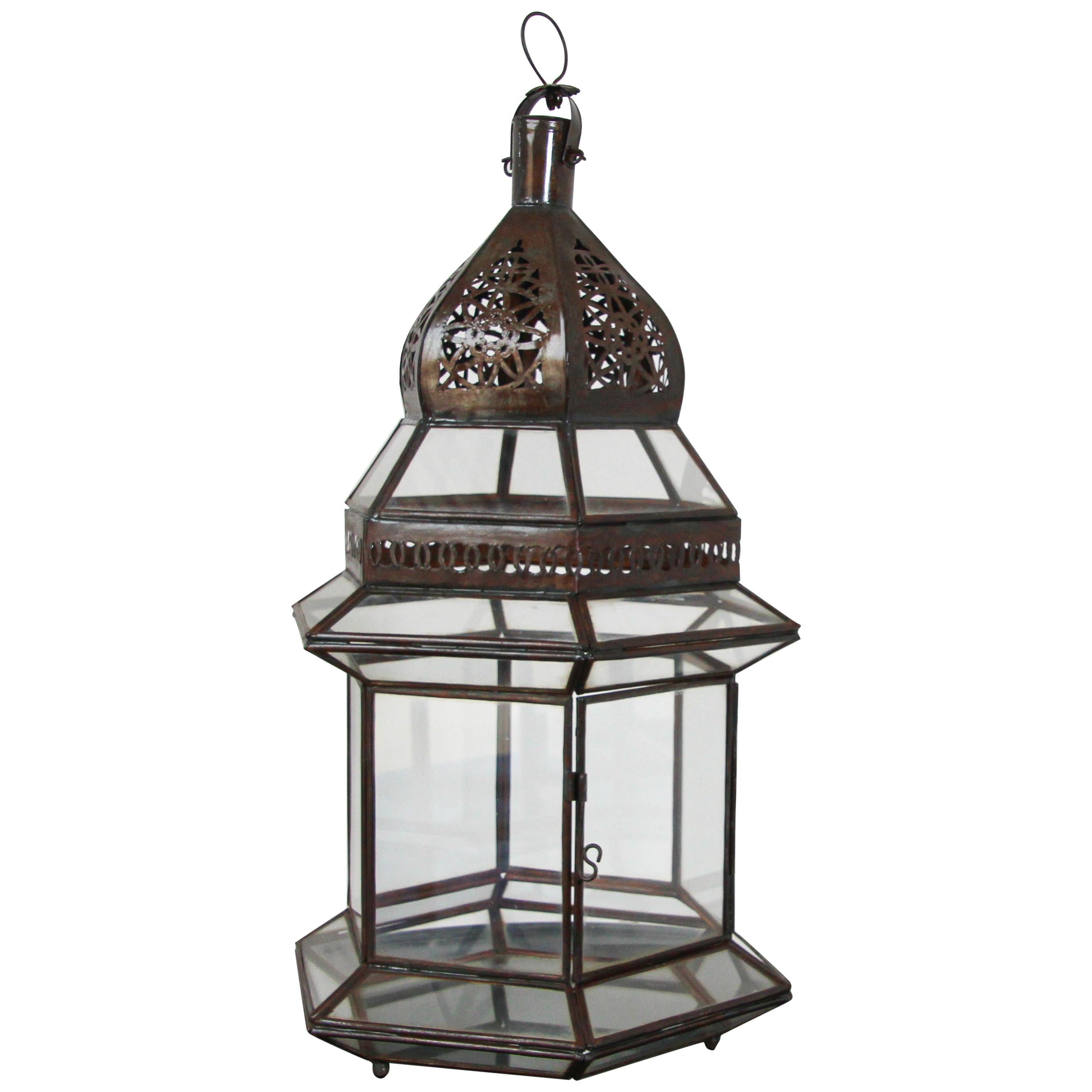 Handcrafted Large Moroccan Clear Glass Candle Lantern For Sale