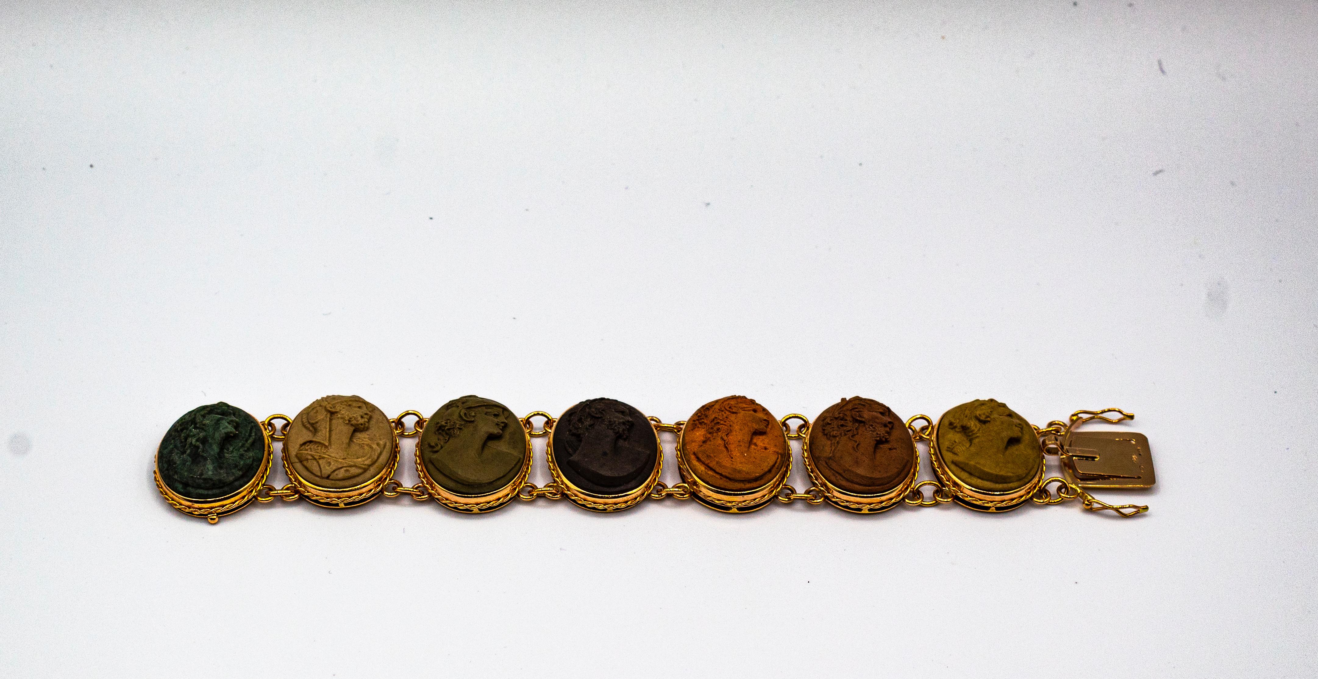 Classical Greek Handcrafted Lava Stone Chalcedony Yellow Gold Greek Style Bracelet For Sale