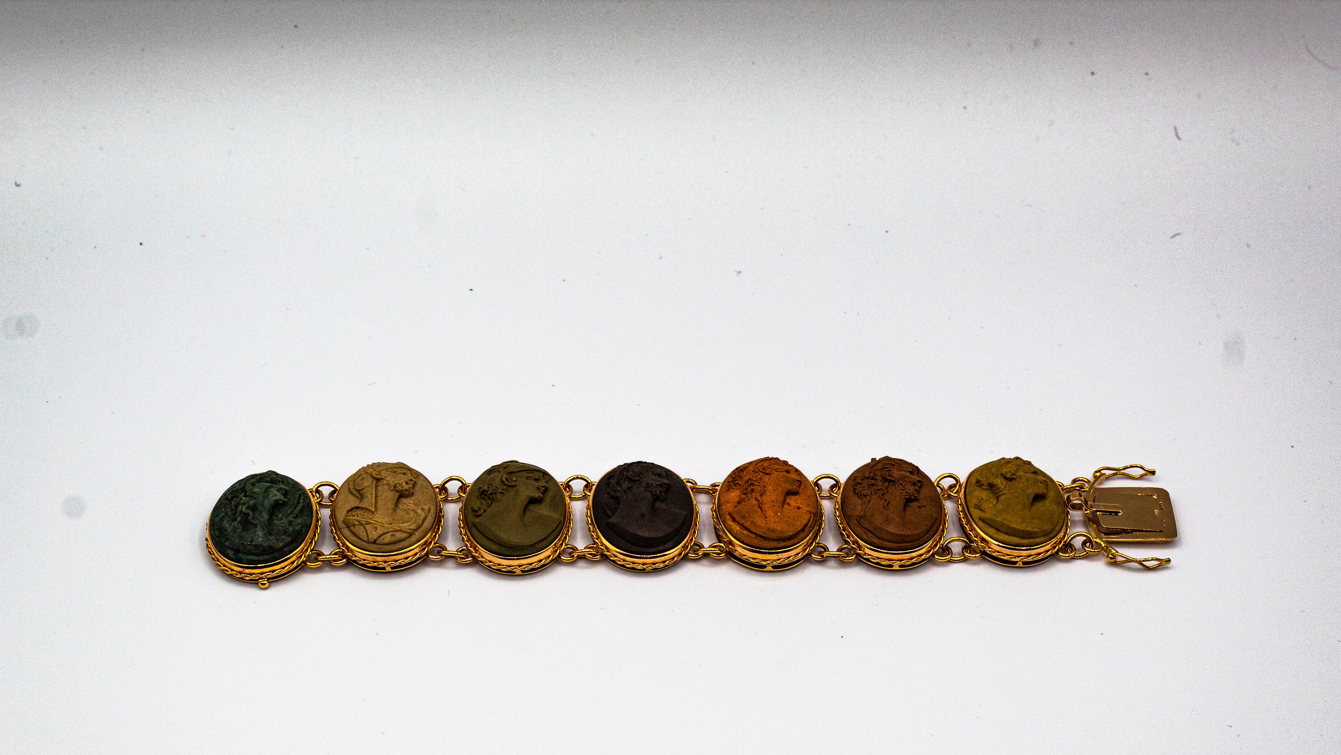 Mixed Cut Handcrafted Lava Stone Chalcedony Yellow Gold Greek Style Bracelet For Sale