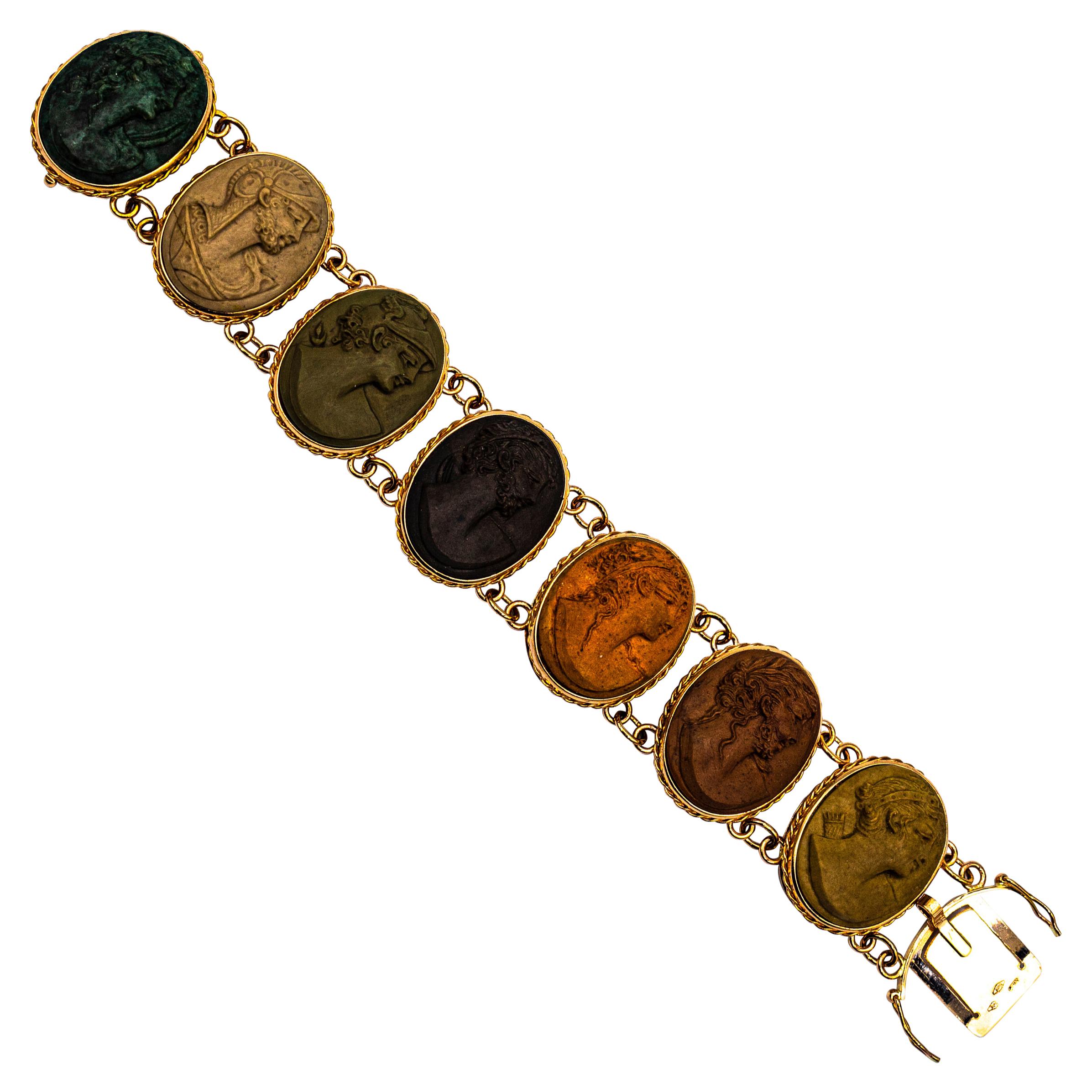 Handcrafted Lava Stone Chalcedony Yellow Gold Greek Style Bracelet For Sale