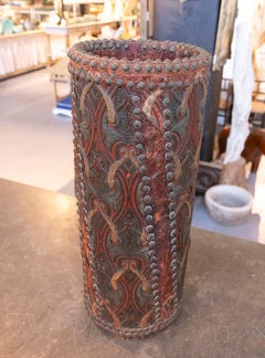 Handcrafted Leather Umbrella Stand, Floral Embossing, Antique, 1750