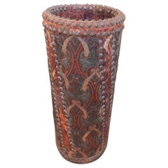 Handcrafted Leather Umbrella Stand, Floral Embossing, Antique, 1750