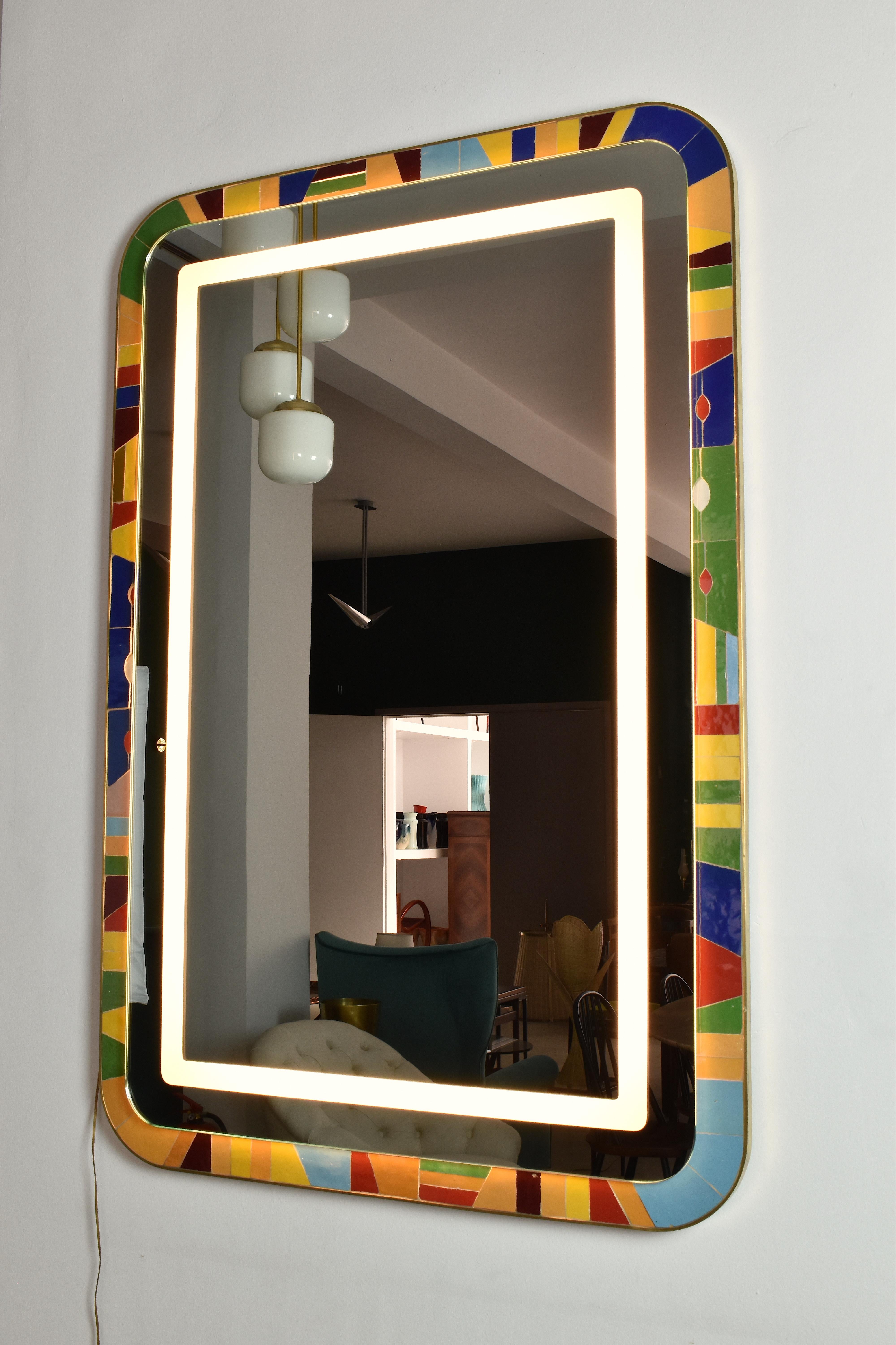 Handcrafted Led Light Mosaic and Brass Bathroom Mirror by Jonathan Amar Studio  For Sale 2