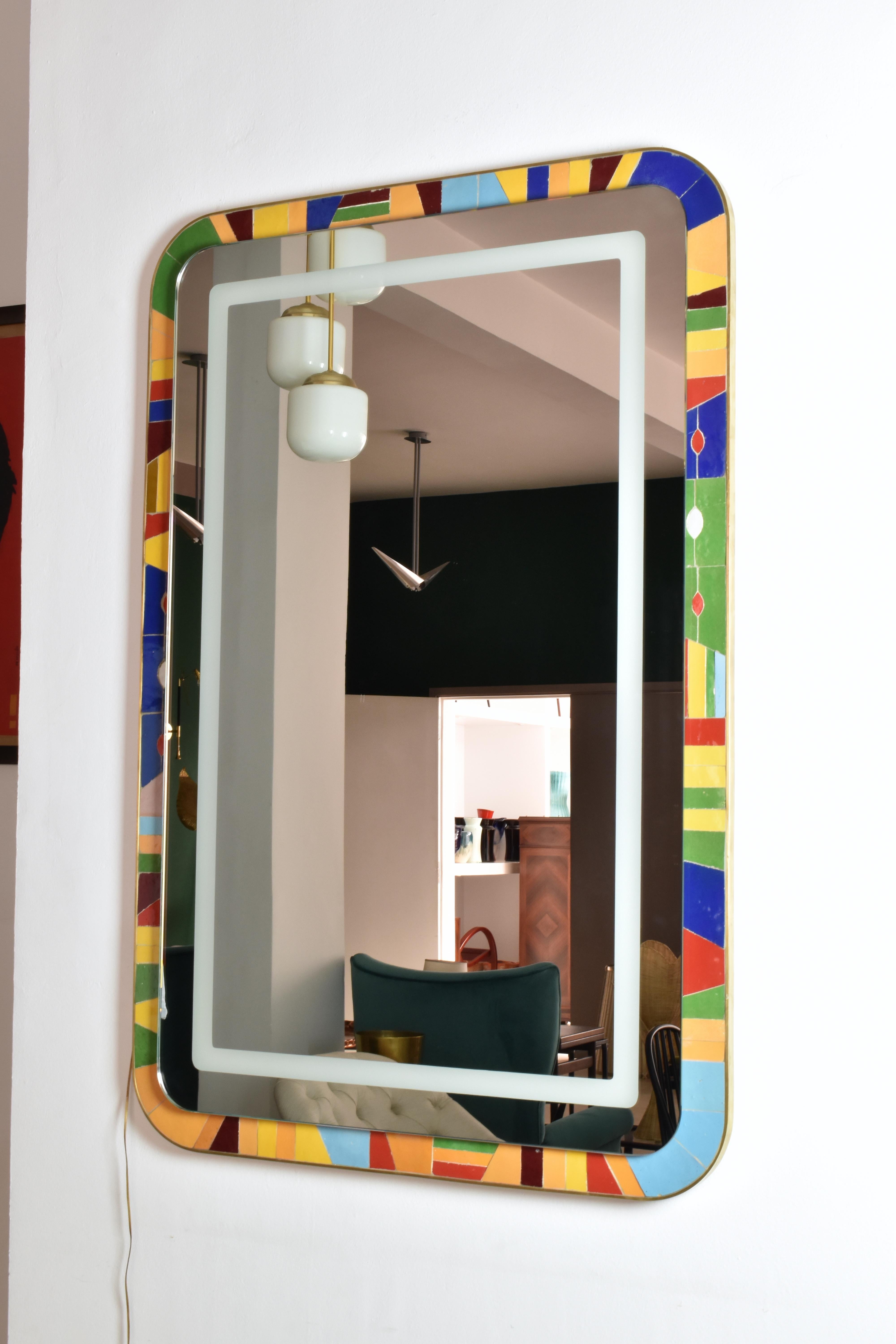Modern Handcrafted Led Light Mosaic and Brass Bathroom Mirror by Jonathan Amar Studio  For Sale