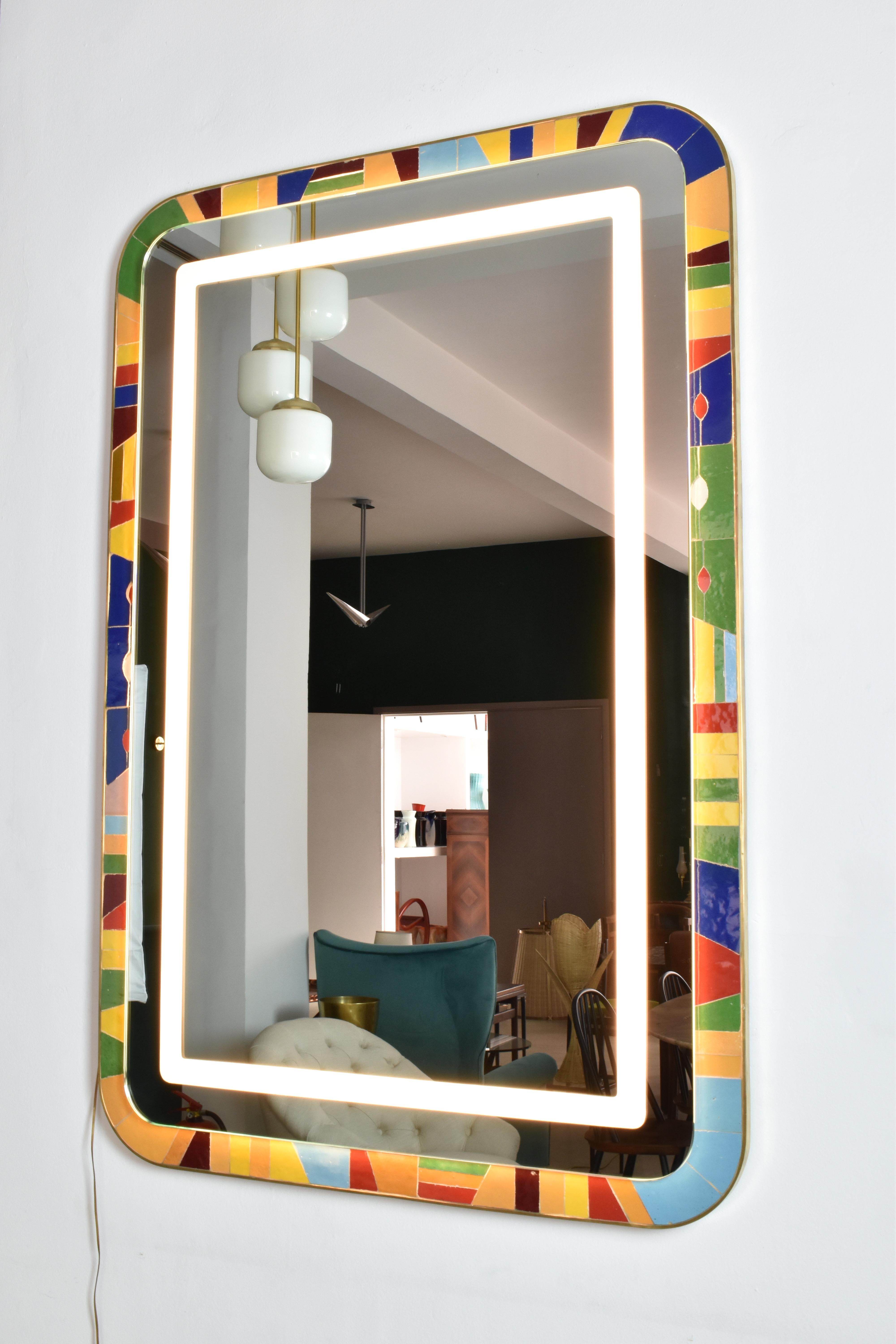 Handcrafted Led Light Mosaic and Brass Bathroom Mirror by Jonathan Amar Studio  For Sale 1