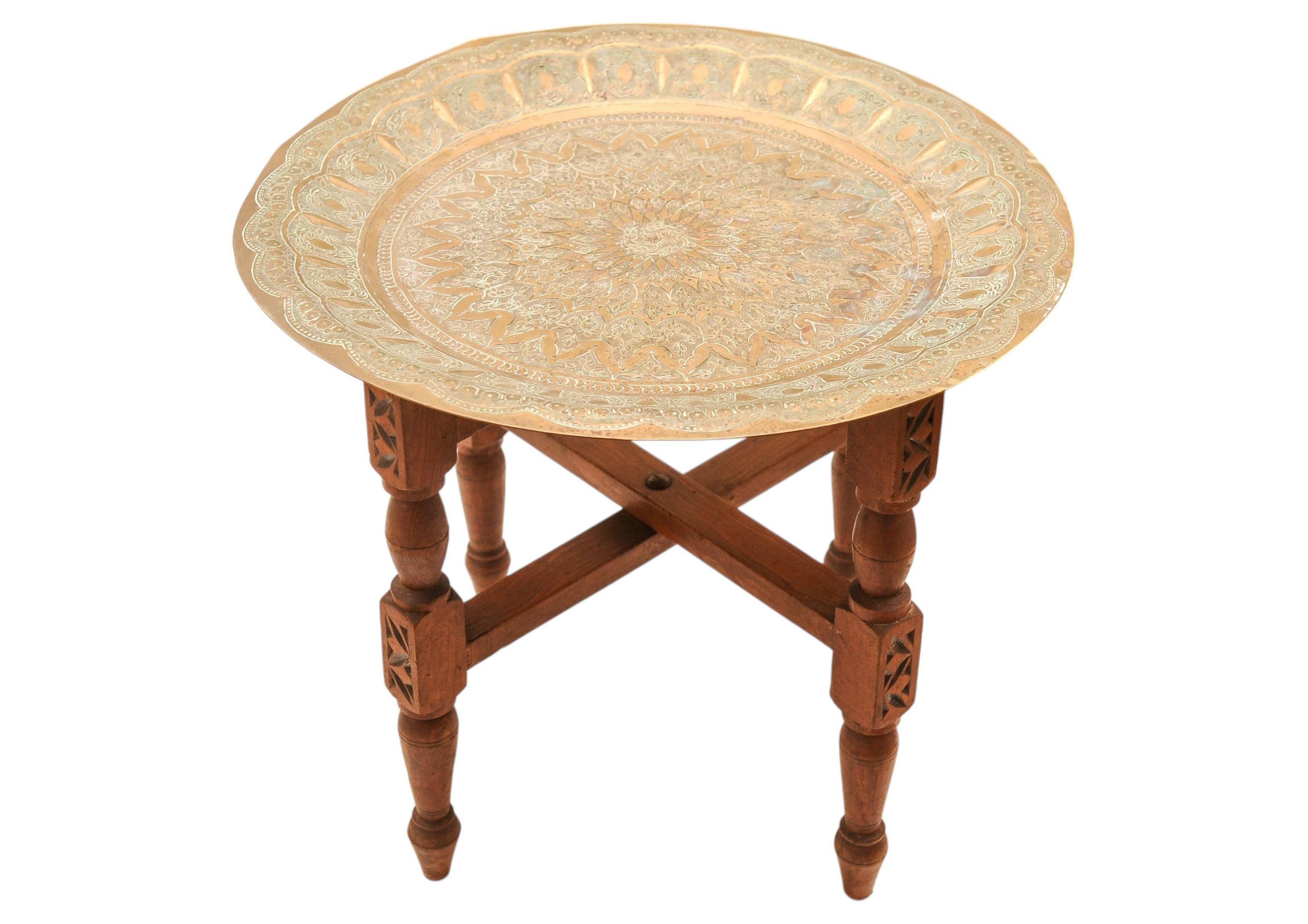 Handcrafted Antique Middle Eastern Folding Table With Removable Brass Tray 1900s For Sale