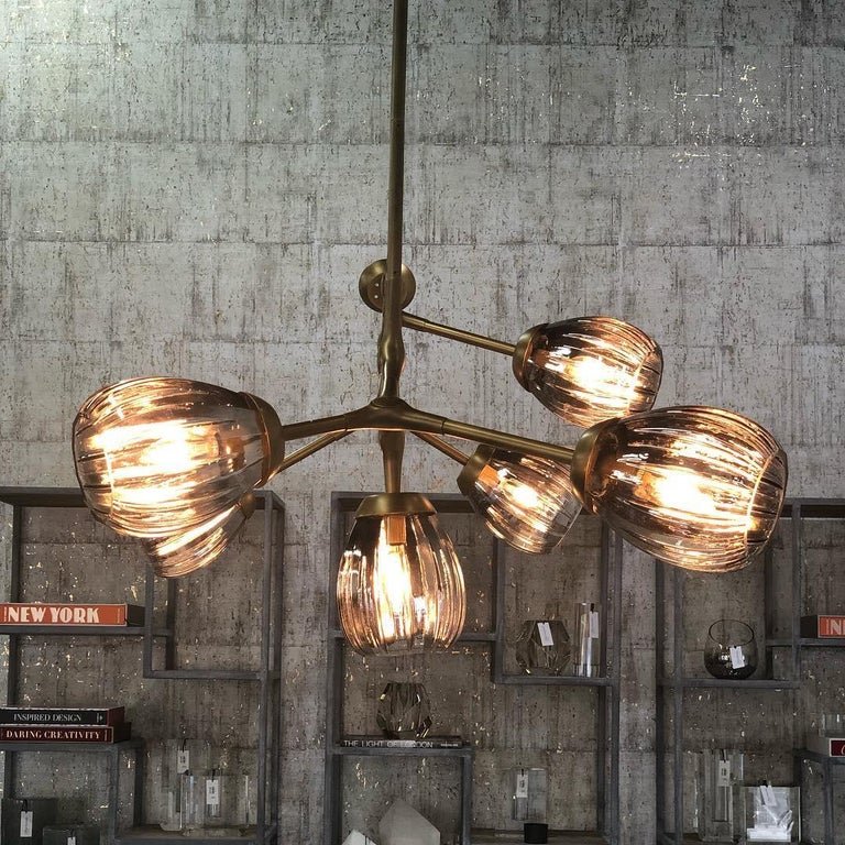 Handcrafted Linear Brass Chandelier, Seven Adjustable Fluted Crystal