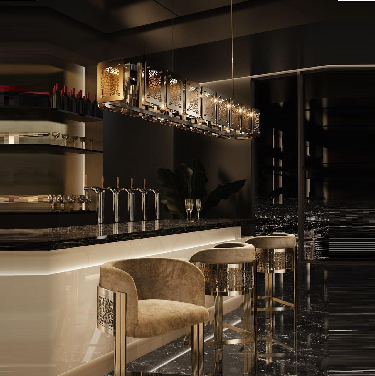 Portoghese Lampadario lineare realizzato a mano con piastra in ottone e vetro bronzo in vendita