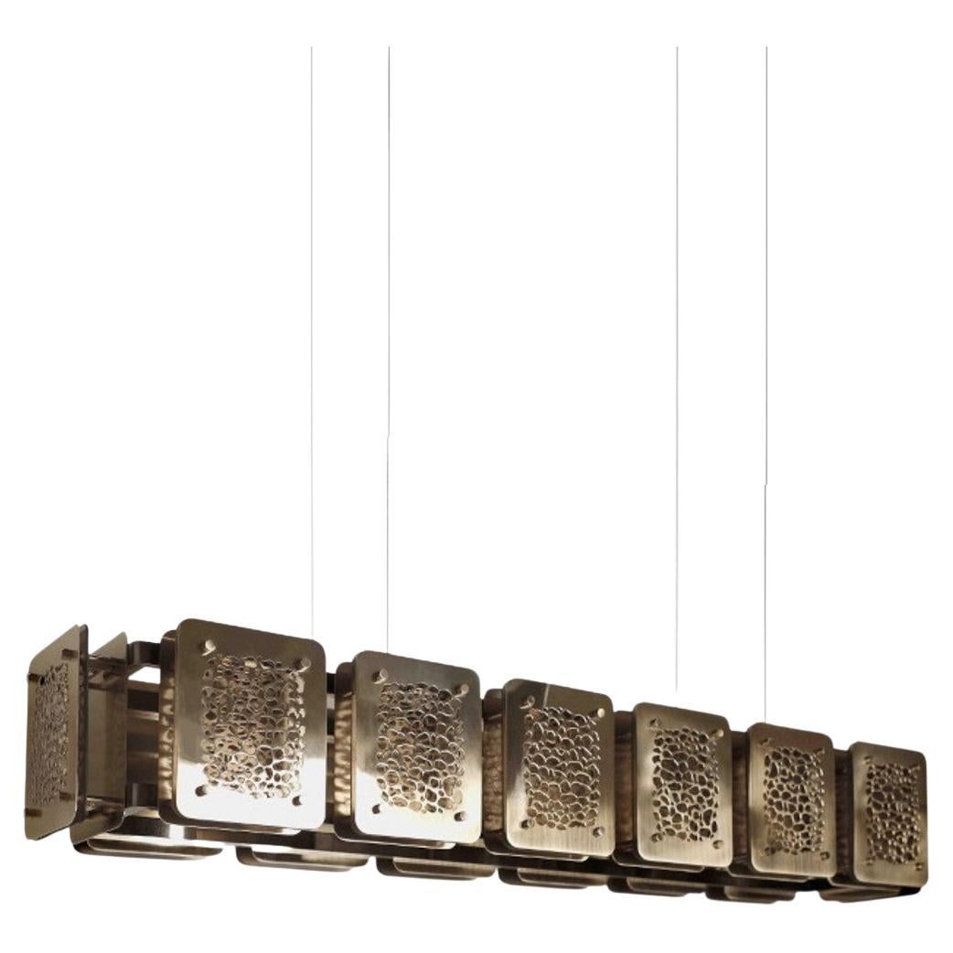 Handcrafted Linear Chandelier with Brass Plate Paired with Bronze Glass