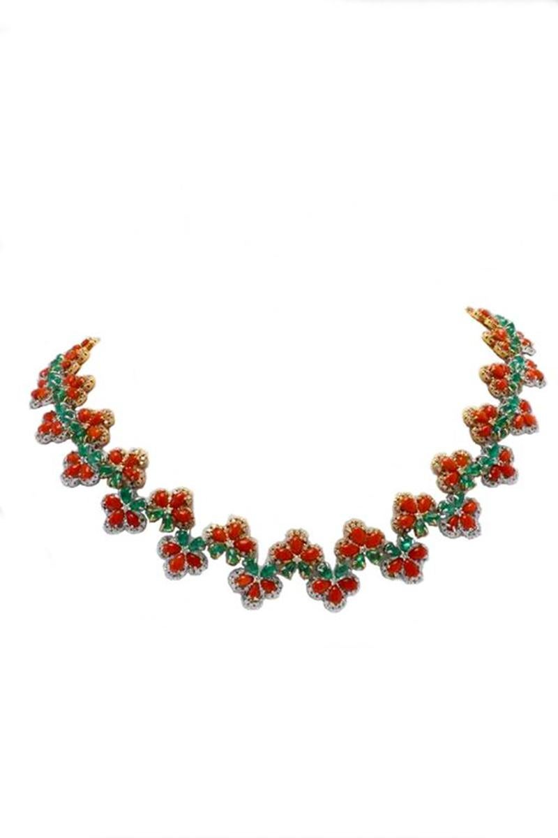 Retro Handcrafted Link Necklace Diamonds Emeralds Coral 18 Karat White and Rose Gold