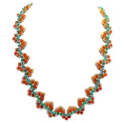 Handcrafted Link Necklace Diamonds Emeralds Coral 18 Karat White and Rose Gold Handcrafted Link Necklace Diamonds Emeralds Coral 18 Karat White and Rose Gold