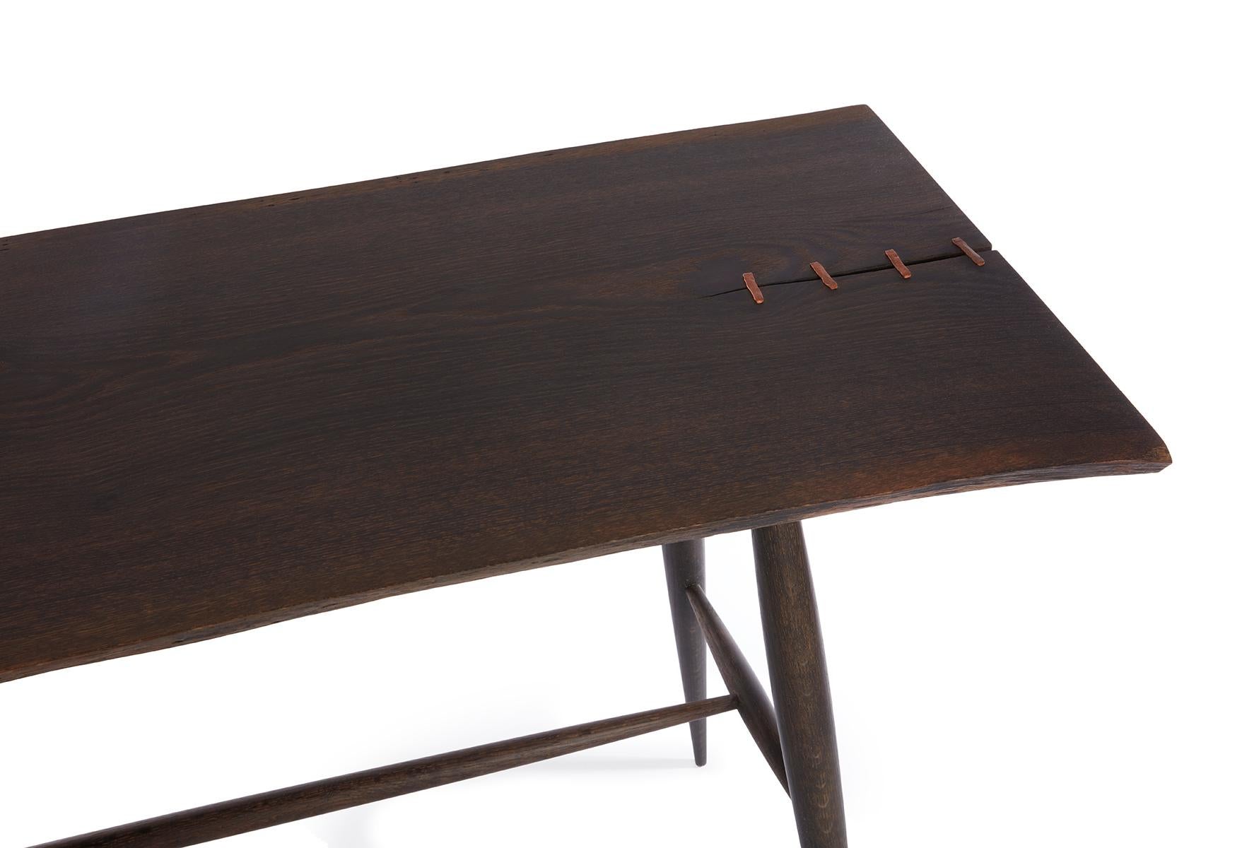 Organic Modern Handcrafted Live Edge Blackened Oak Console Table with Copper Staples For Sale