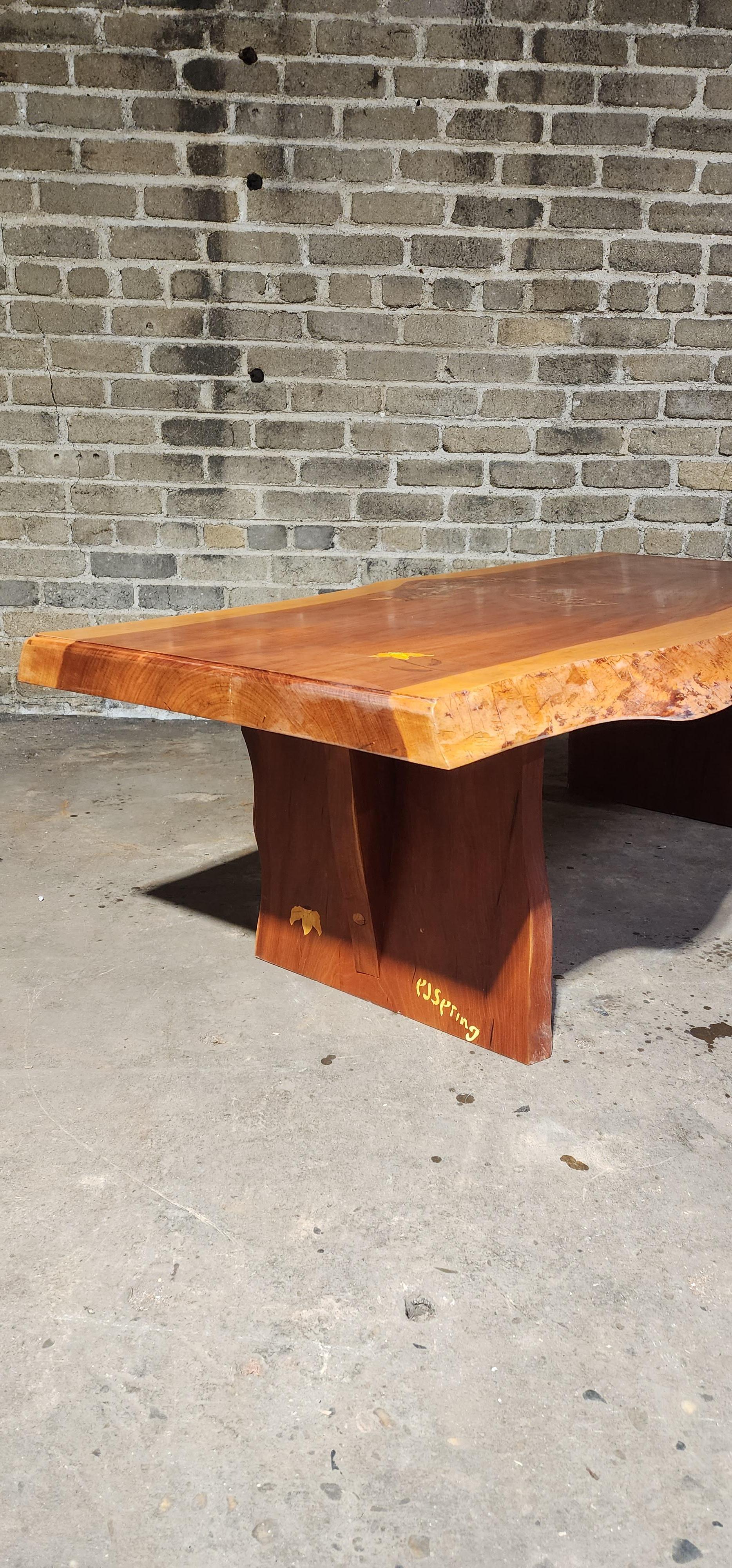 American Craftsman Handcrafted Live Edge Cherry Bench with Bird Motif Inlays by PJ Spring For Sale