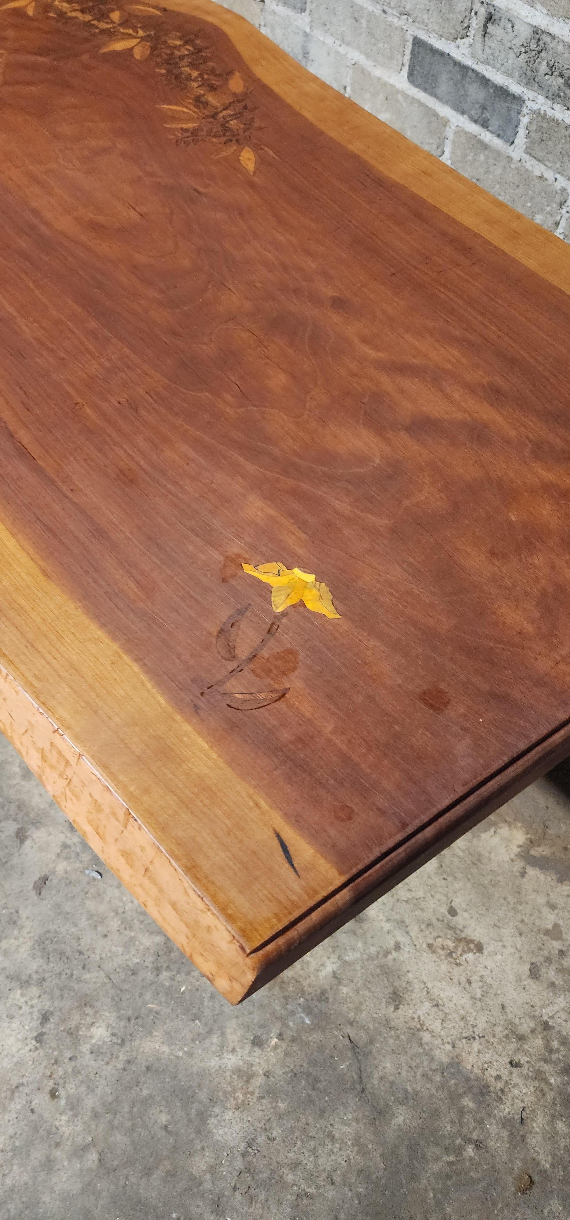 American Handcrafted Live Edge Cherry Bench with Bird Motif Inlays by PJ Spring For Sale