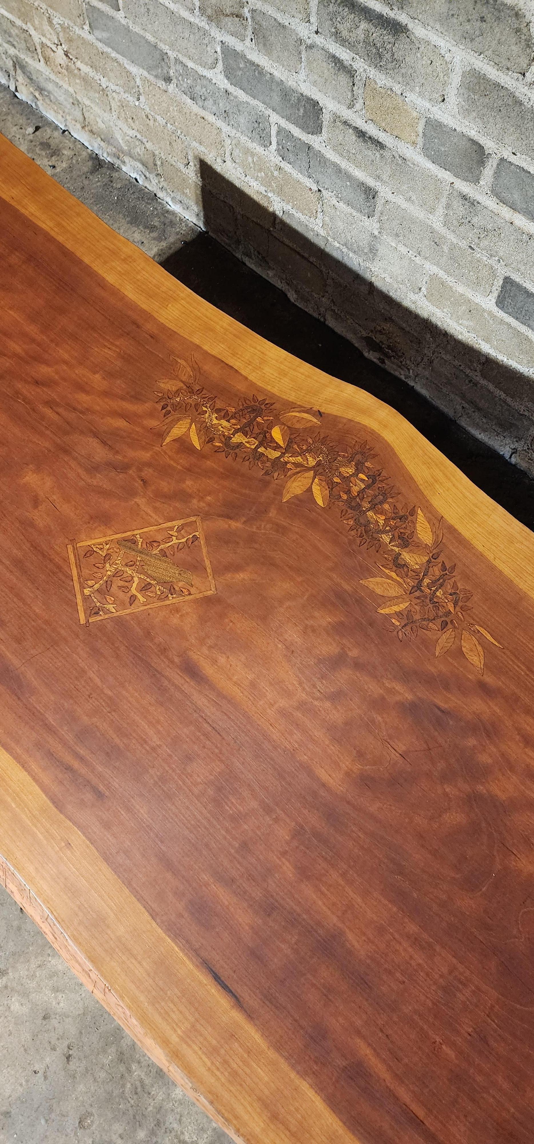 Marquetry Handcrafted Live Edge Cherry Bench with Bird Motif Inlays by PJ Spring For Sale