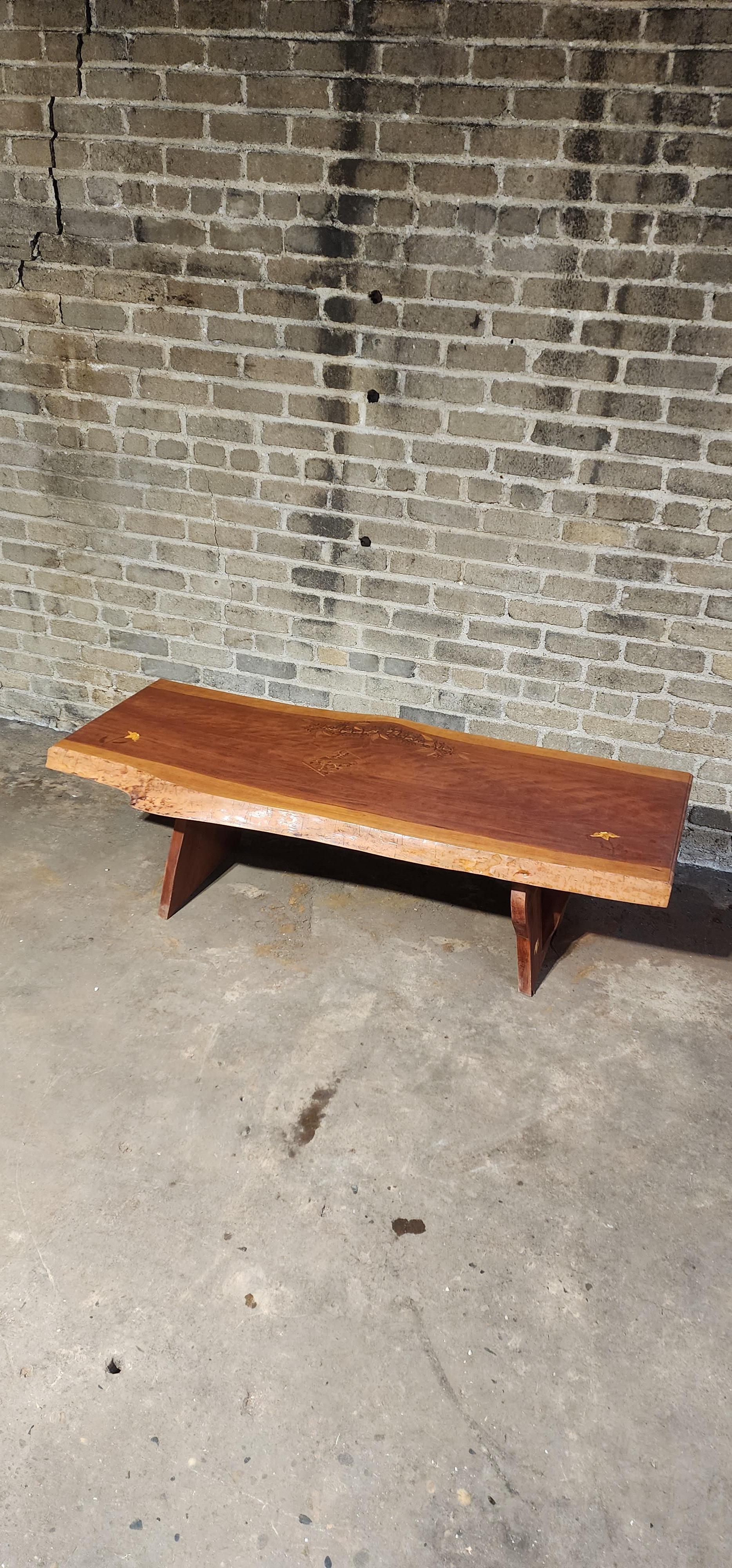 Contemporary Handcrafted Live Edge Cherry Bench with Bird Motif Inlays by PJ Spring For Sale