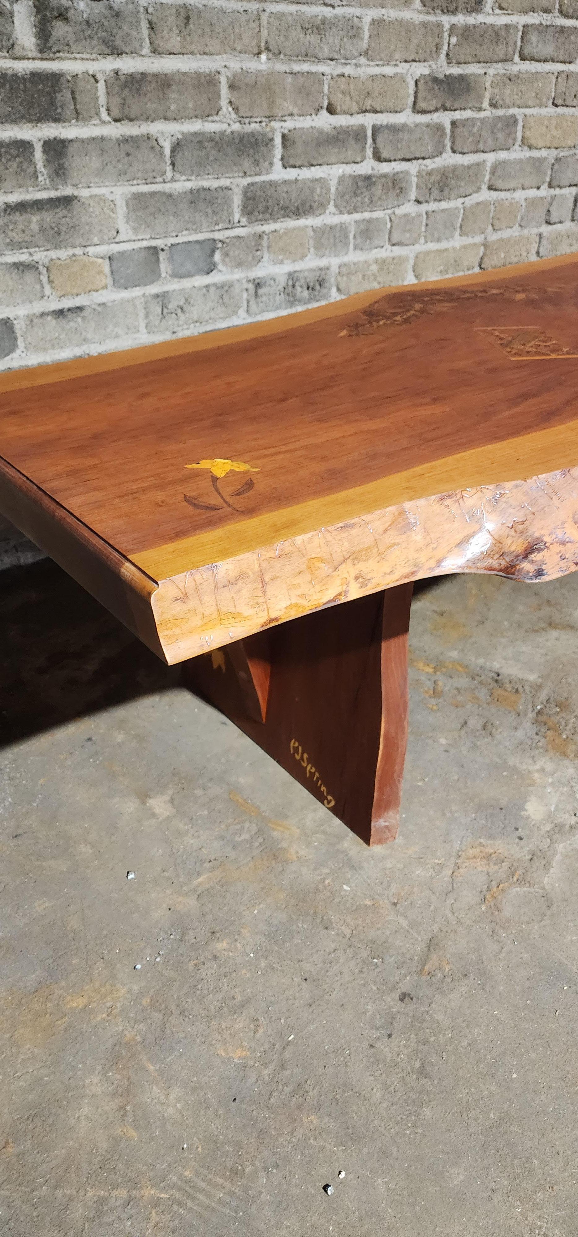 Handcrafted Live Edge Cherry Bench with Bird Motif Inlays by PJ Spring For Sale 1