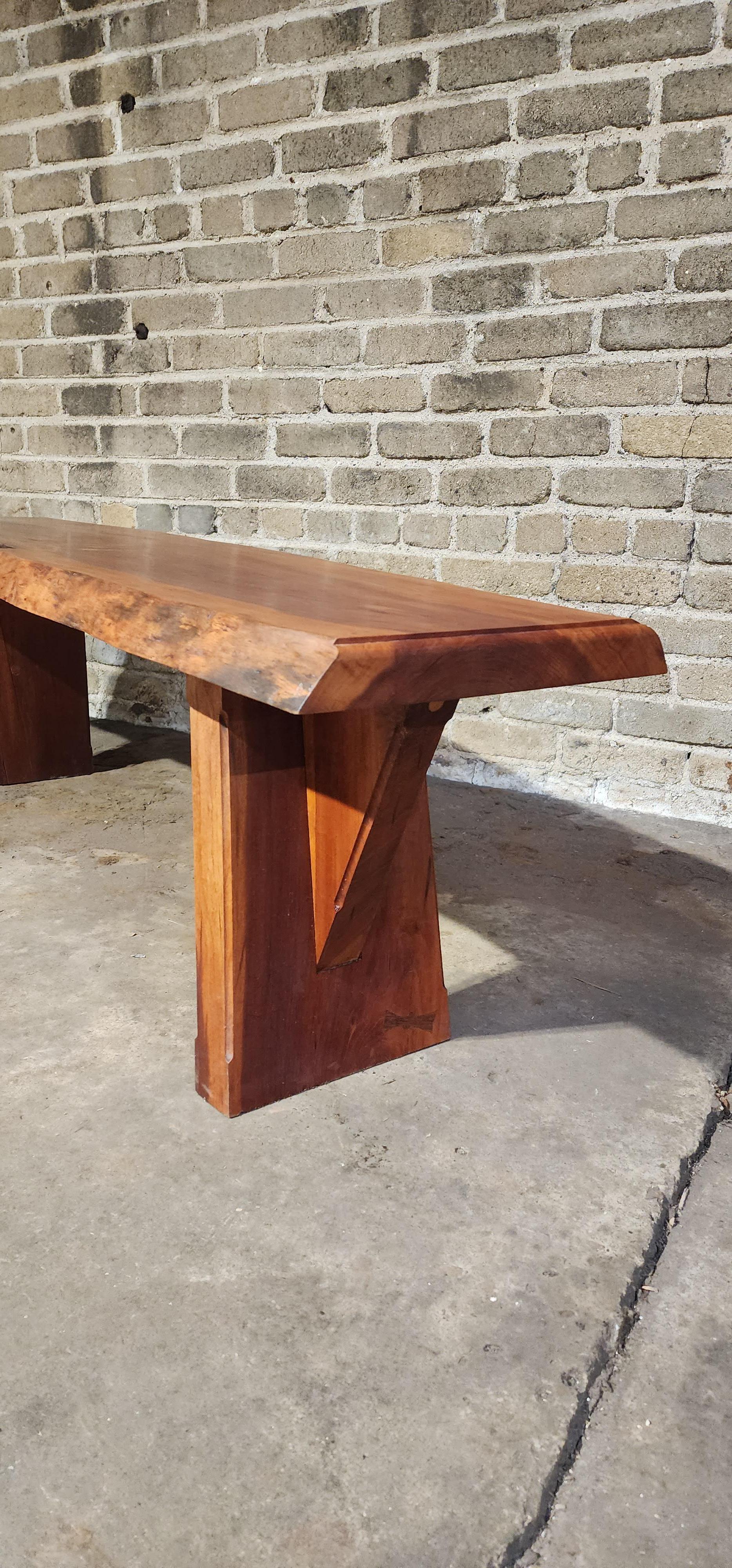 American Craftsman Handcrafted Live Edge Cherry Bench with leaf Motif Inlays by PJ Spring For Sale