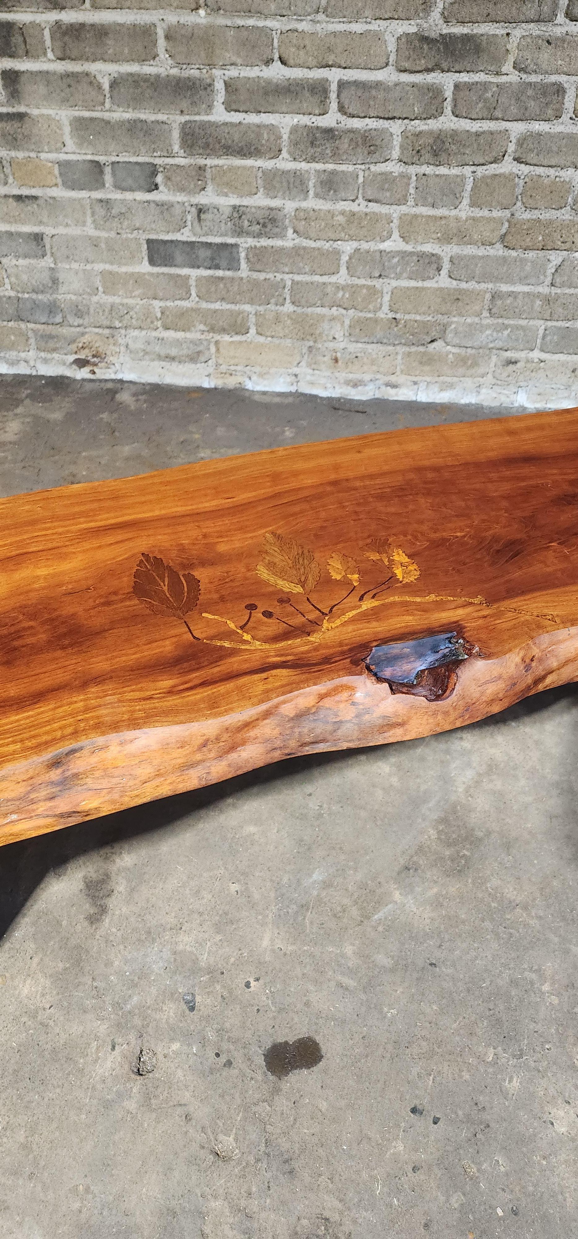 American Handcrafted Live Edge Cherry Bench with leaf Motif Inlays by PJ Spring For Sale
