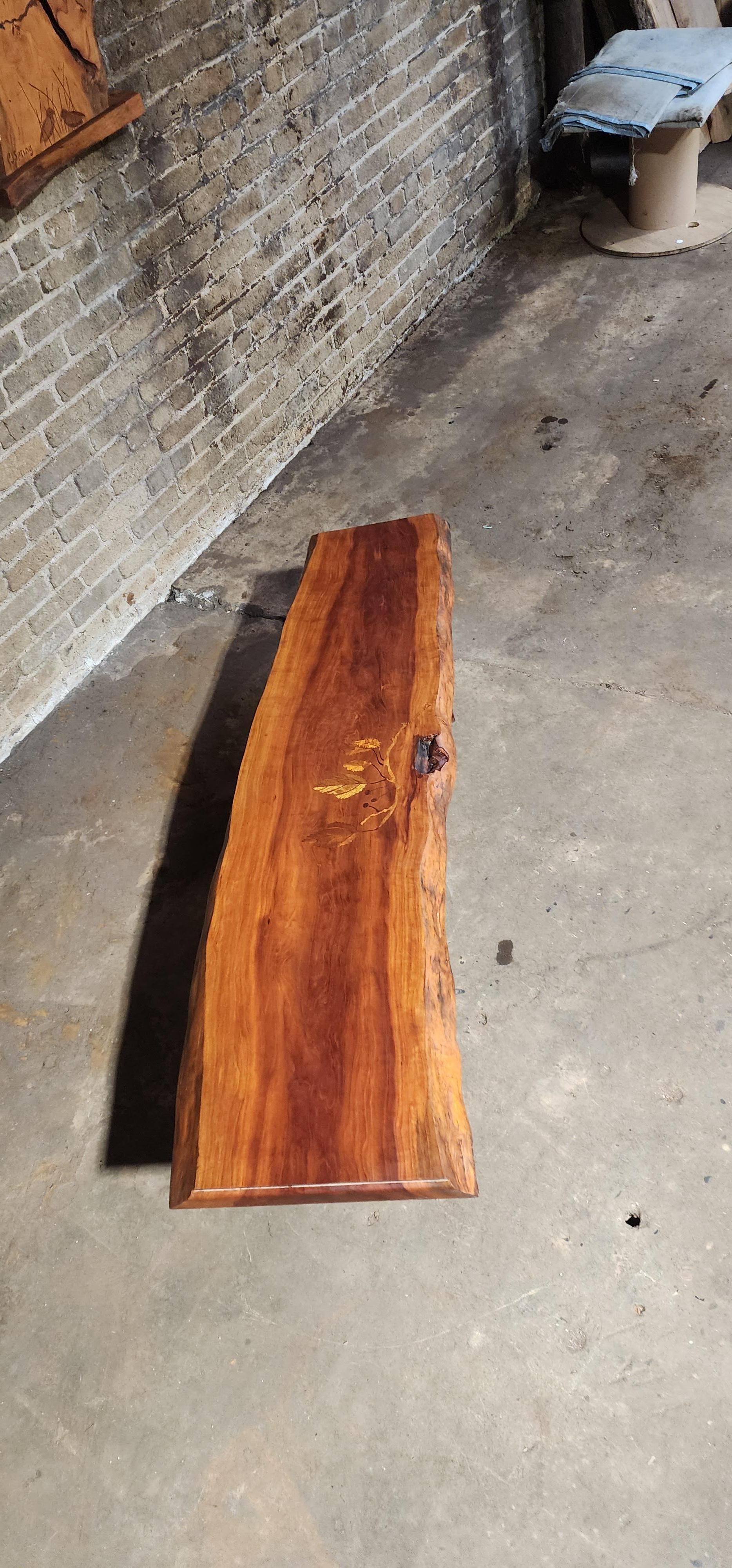 Marquetry Handcrafted Live Edge Cherry Bench with leaf Motif Inlays by PJ Spring For Sale
