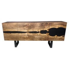 Handcrafted Live Edge Walnut Wood Credenza with Black Epoxy Resin River