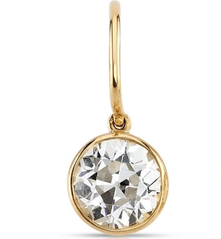 2.49ctw K/VSI-VS2 old European cut diamonds bezel set in handcrafted 18K yellow gold drop earrings.

Our jewelry is made locally in Los Angeles and most pieces are made to order. For these made-to-order items, please allow 8-10 weeks for delivery.