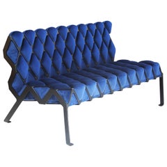 Handcrafted Matrice Settee in Black Steel and Blue Velvet Customizable