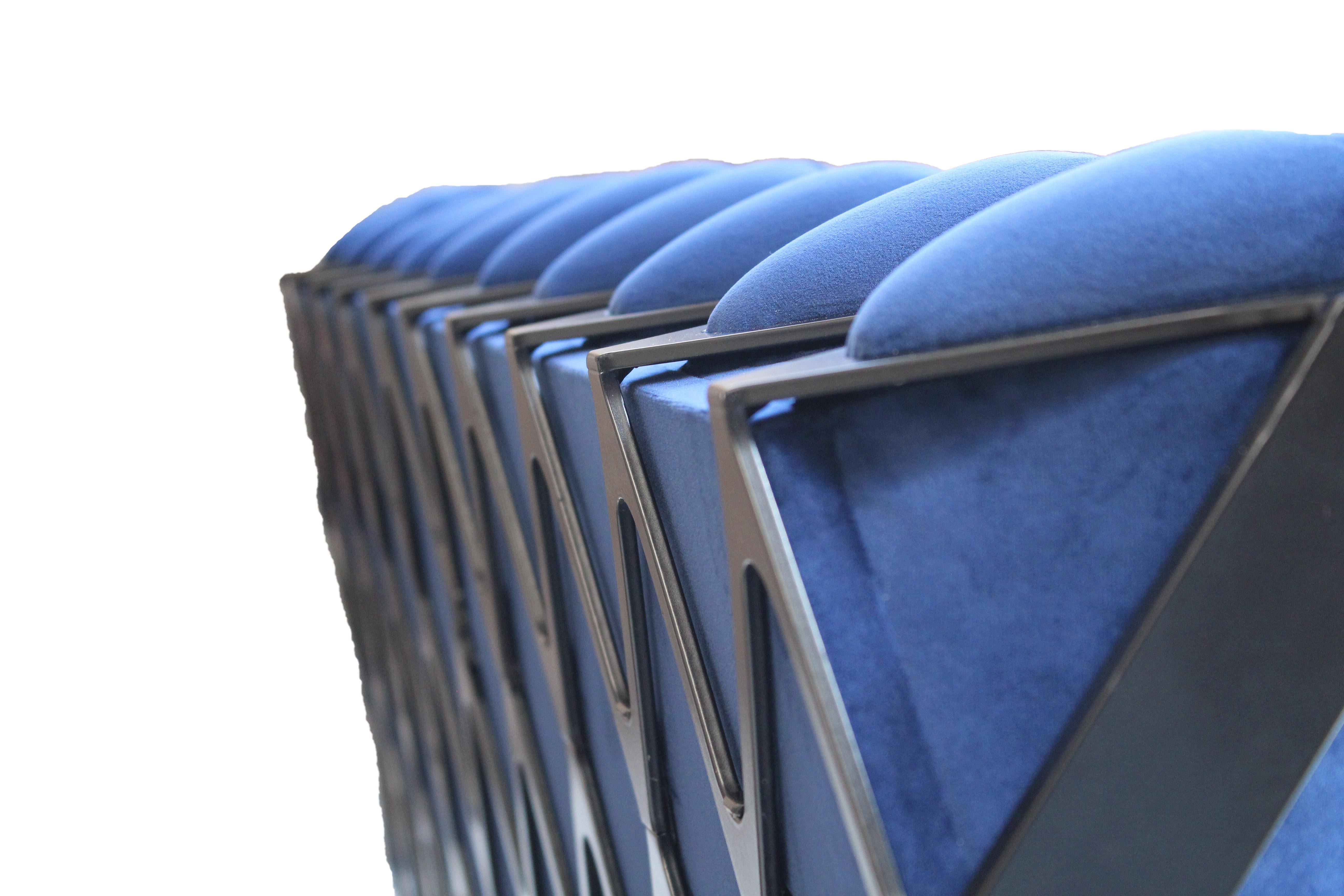 Powder-Coated Handcrafted Matrice Chair in Black Steel and Blue Velvet Customizable For Sale