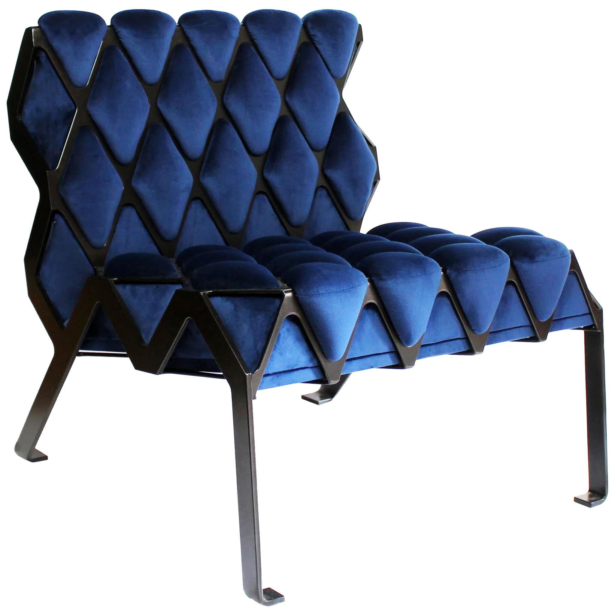 Handcrafted Matrice Chair in Black Steel and Blue Velvet Customizable