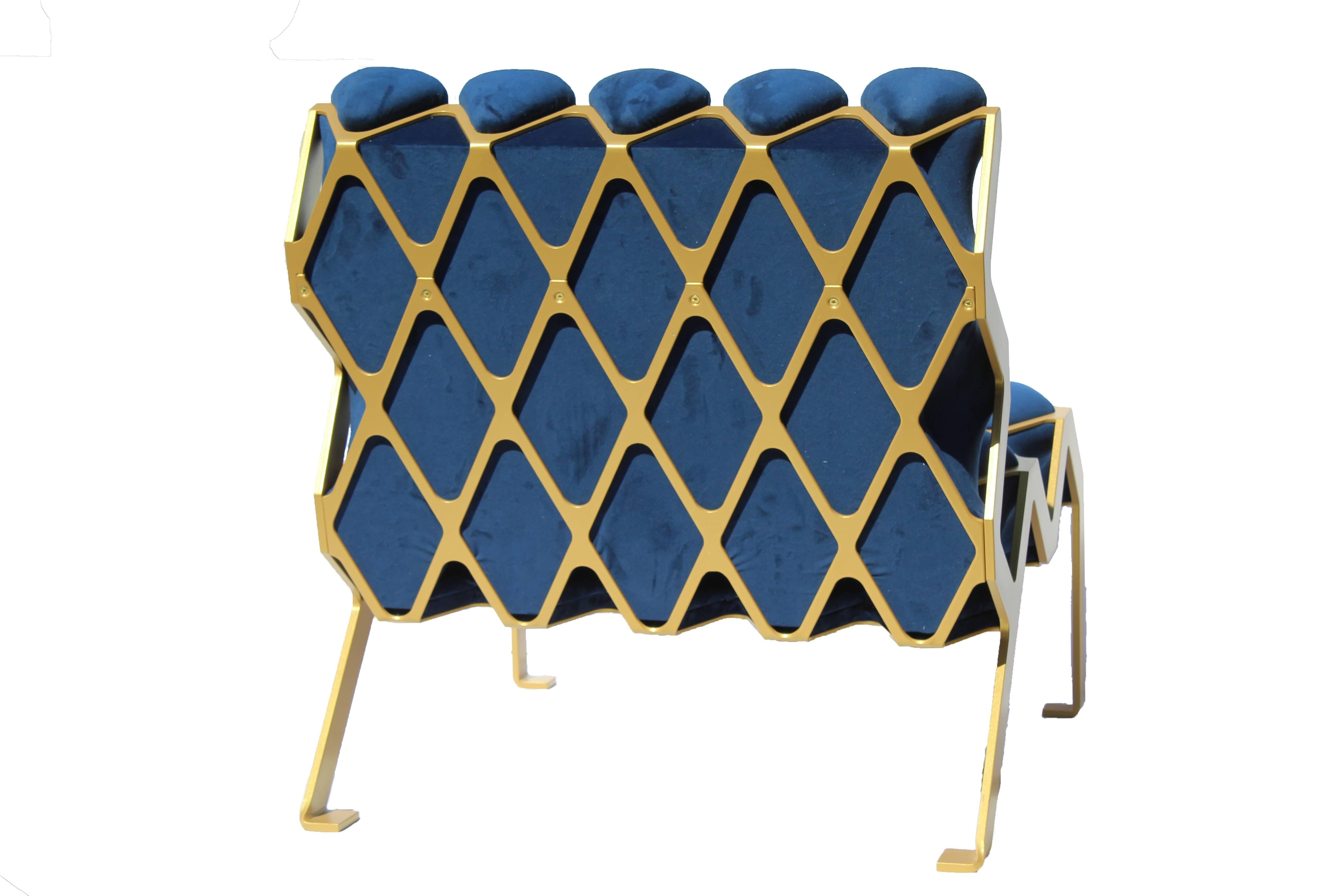French Handcrafted Matrice Chair in Gold Steel and Blue Velvet For Sale