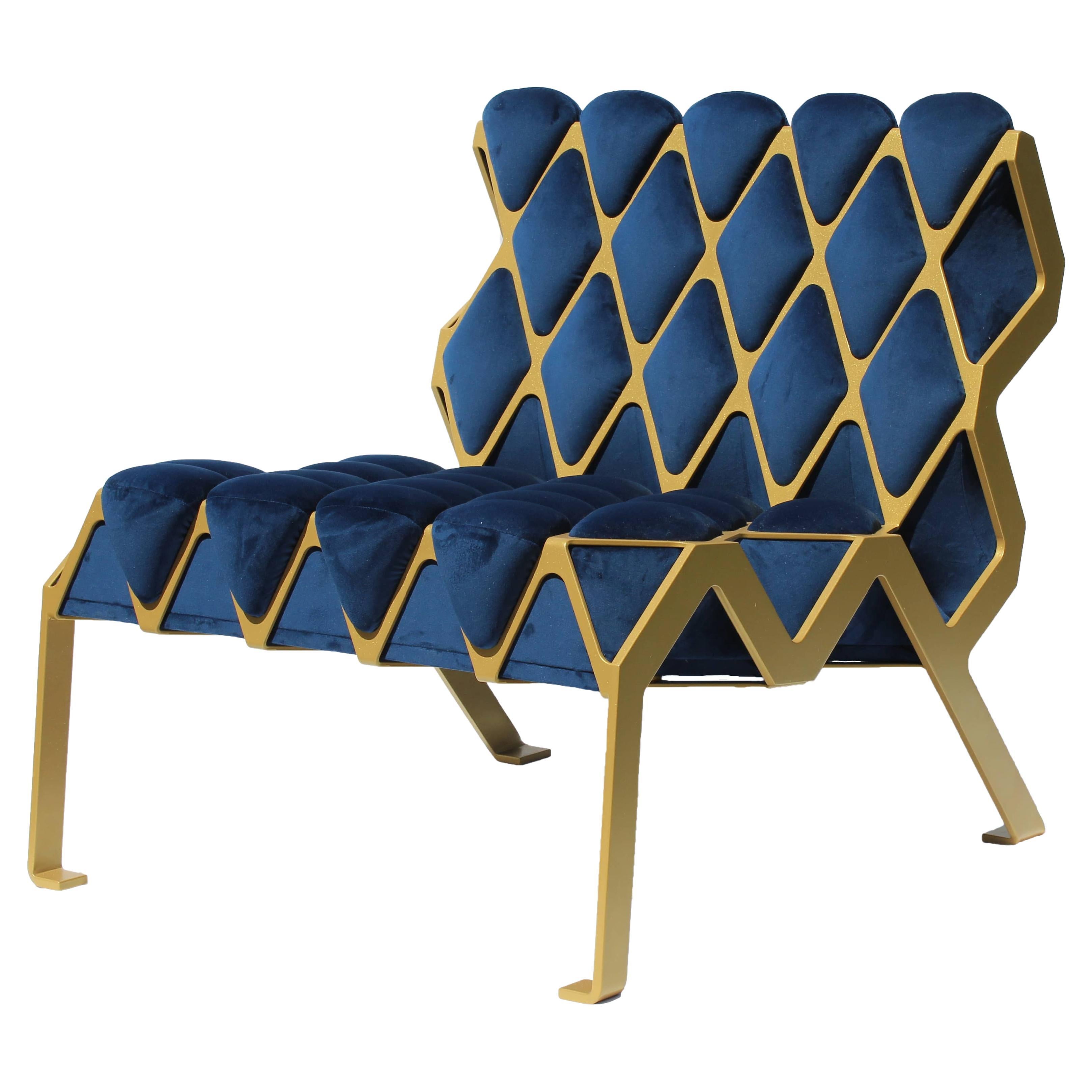 Handcrafted Matrice Chair in Gold Steel and Blue Velvet