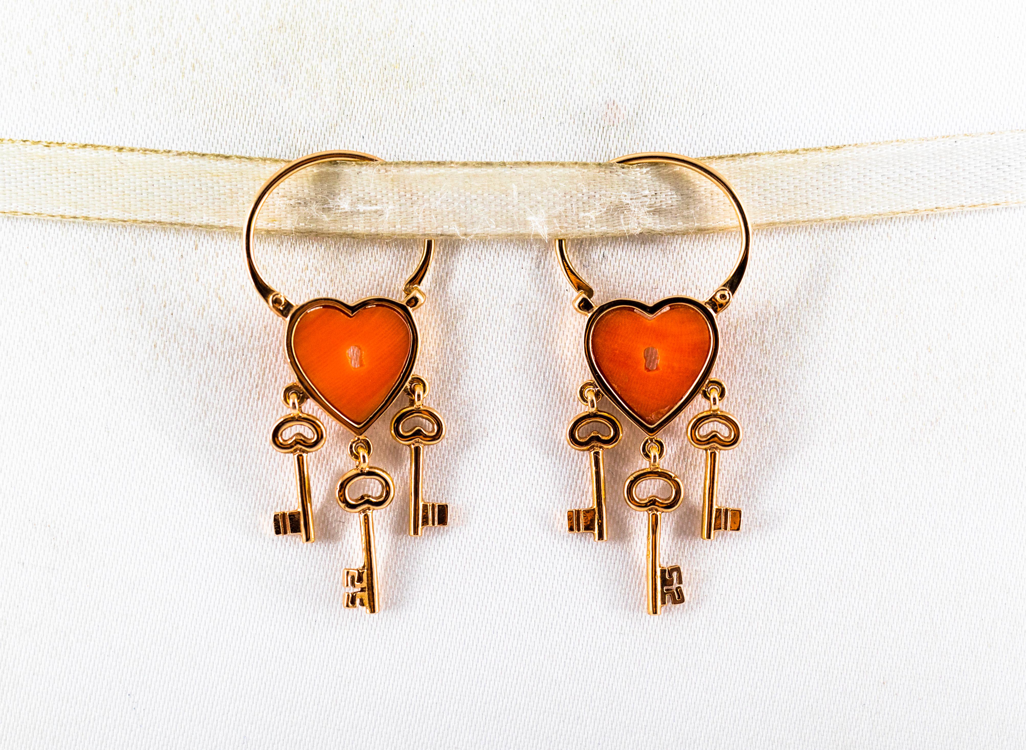 Modern Handcrafted Mediterranean Peach Coral Rose Gold Lever-Back Dangle Earrings