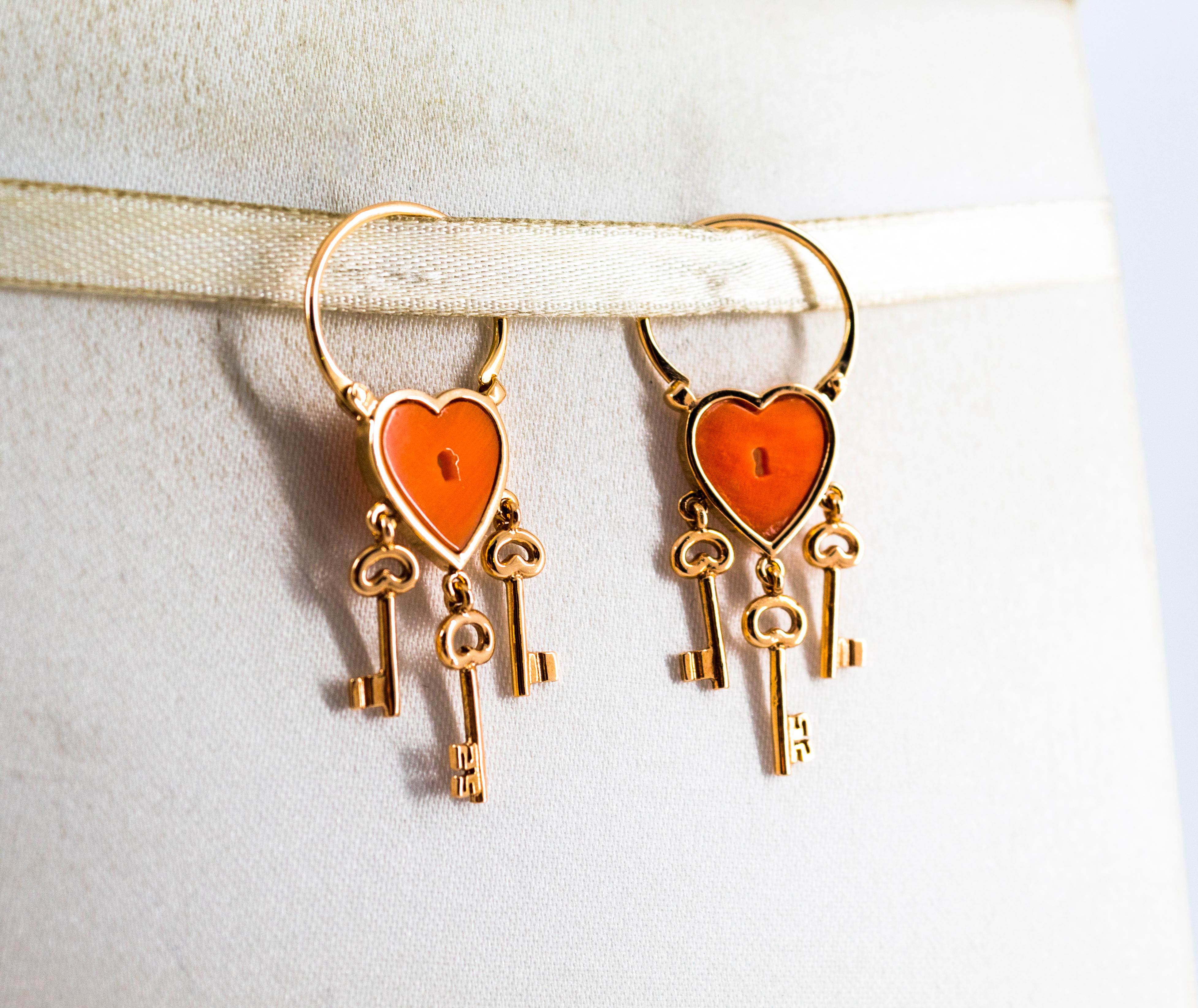 Mixed Cut Handcrafted Mediterranean Peach Coral Rose Gold Lever-Back Dangle Earrings For Sale