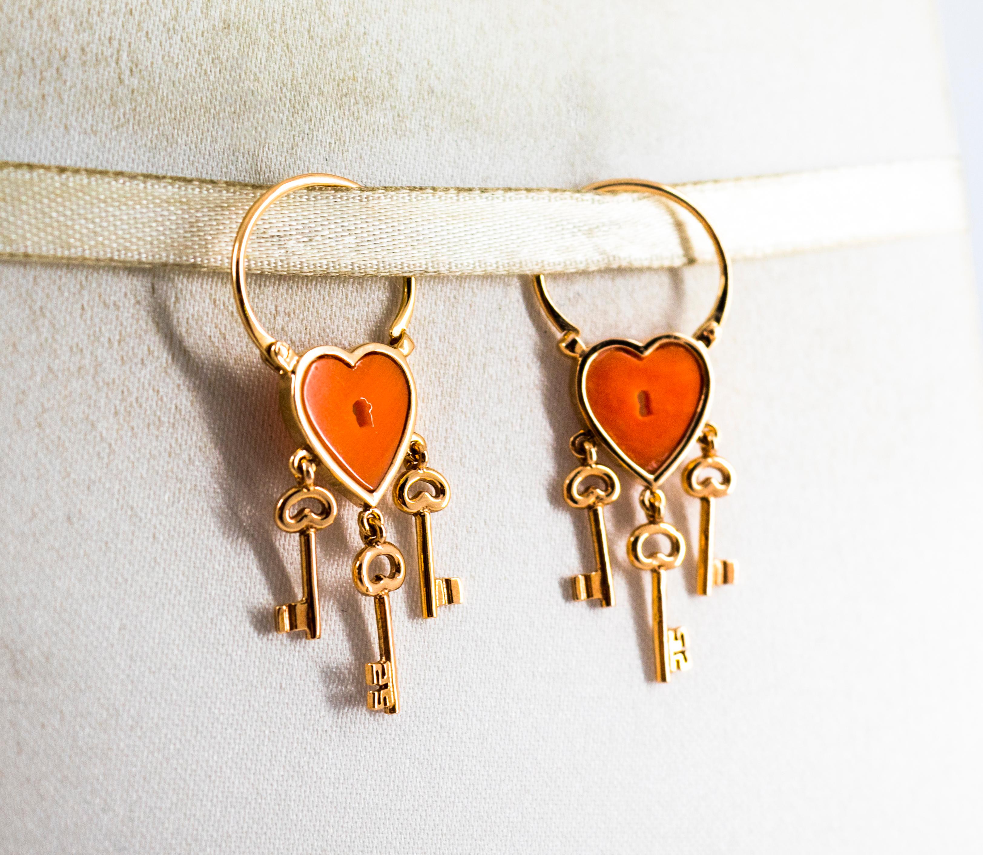 Handcrafted Mediterranean Peach Coral Rose Gold Lever-Back Dangle Earrings In New Condition For Sale In Naples, IT