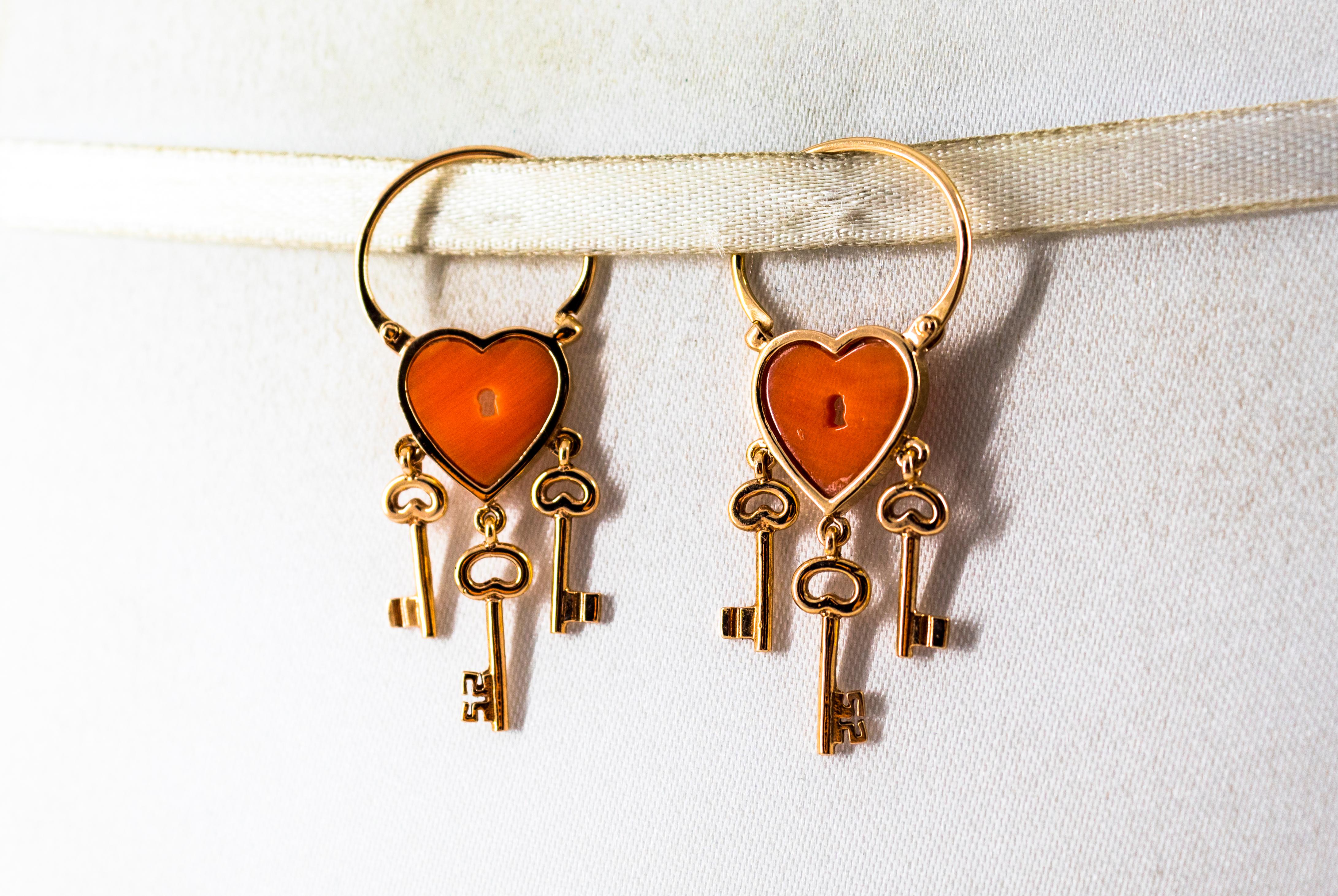 Women's or Men's Handcrafted Mediterranean Peach Coral Rose Gold Lever-Back Dangle Earrings